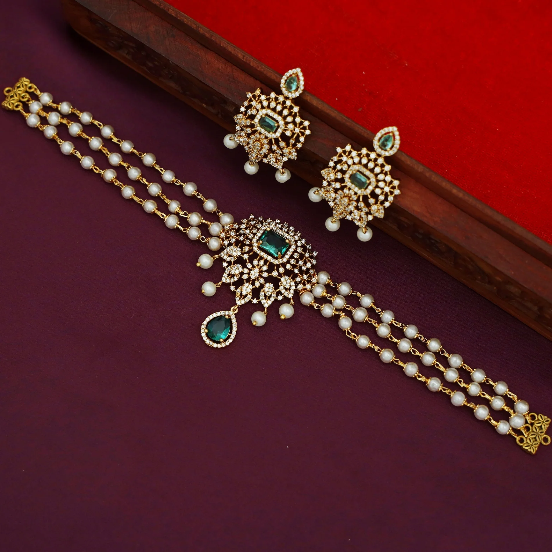 Nila 3 Layer Pearl AD Stone Claw Glossy Stone Choker With Earring - Image 4