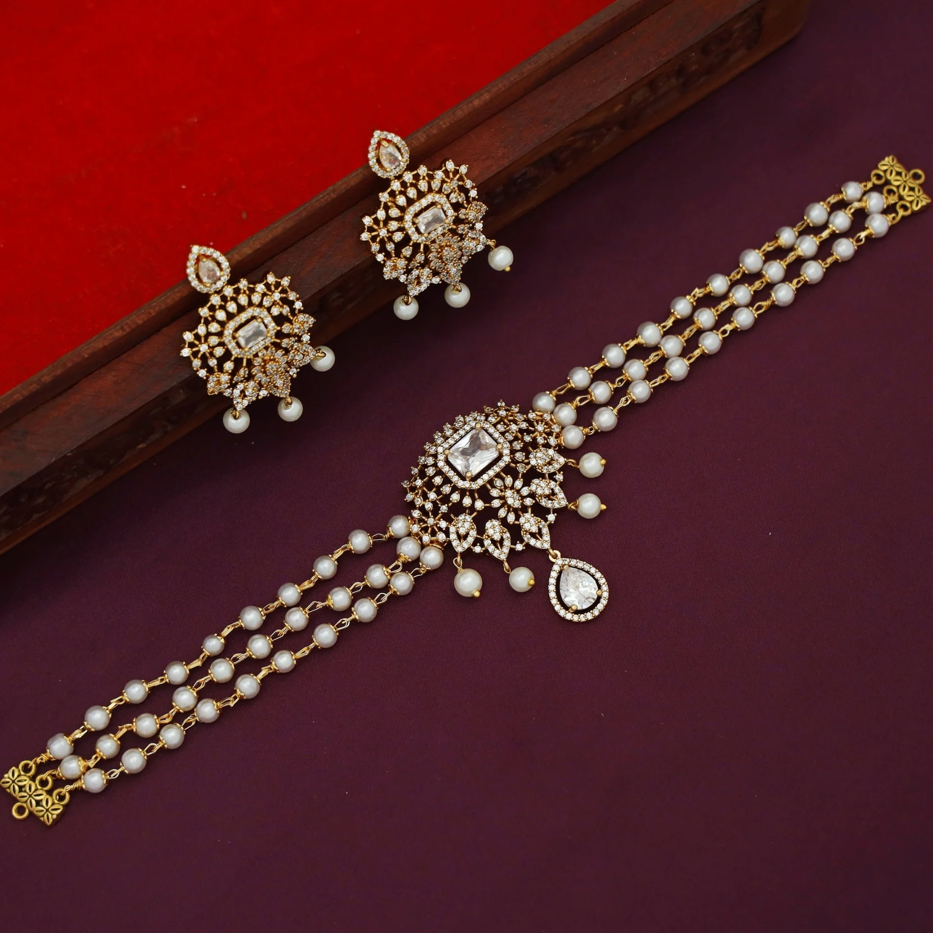 Nila 3 Layer Pearl AD Stone Claw Glossy Stone Choker With Earring - Image 5