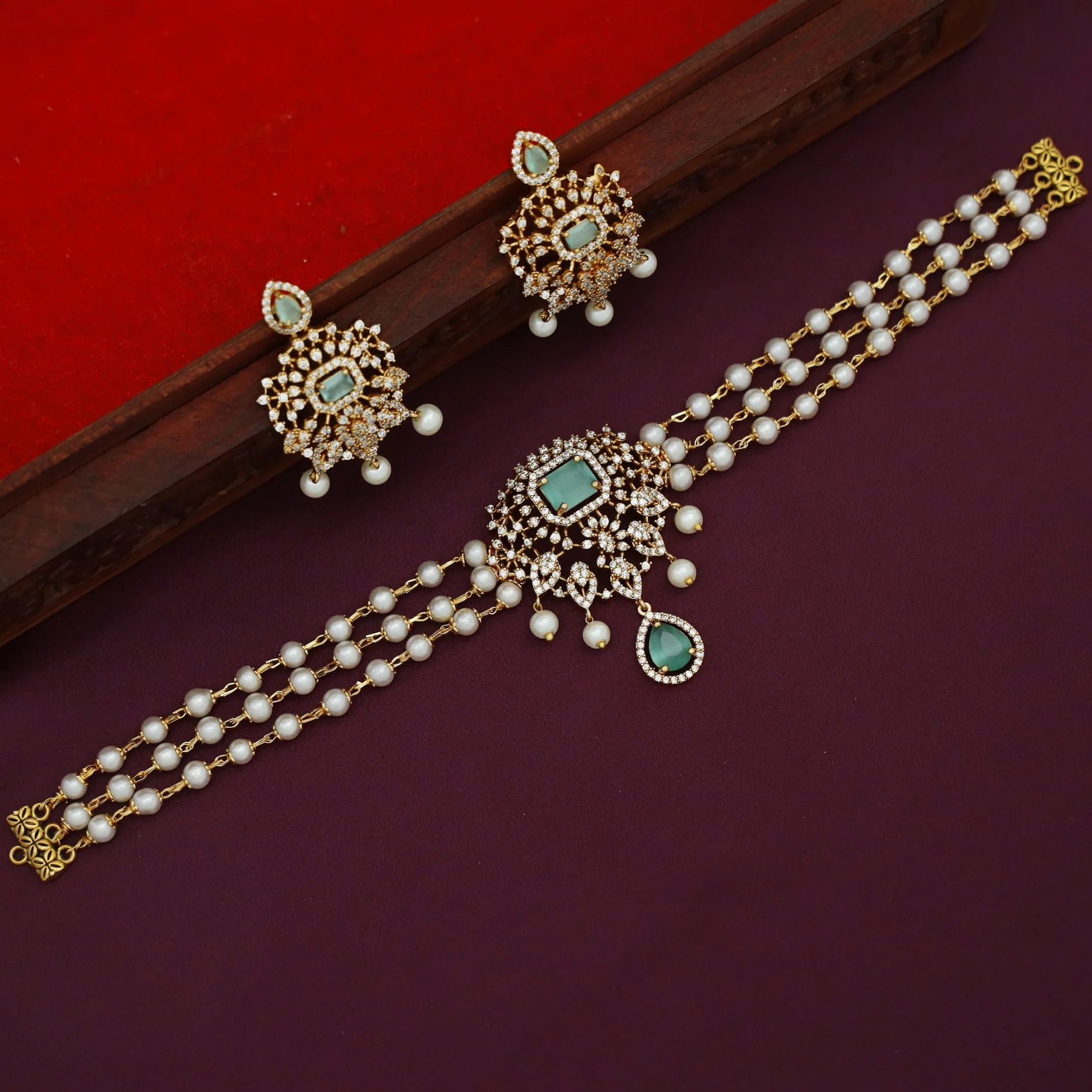 Nila 3 Layer Pearl AD Stone Claw Glossy Stone Choker With Earring - Image 6