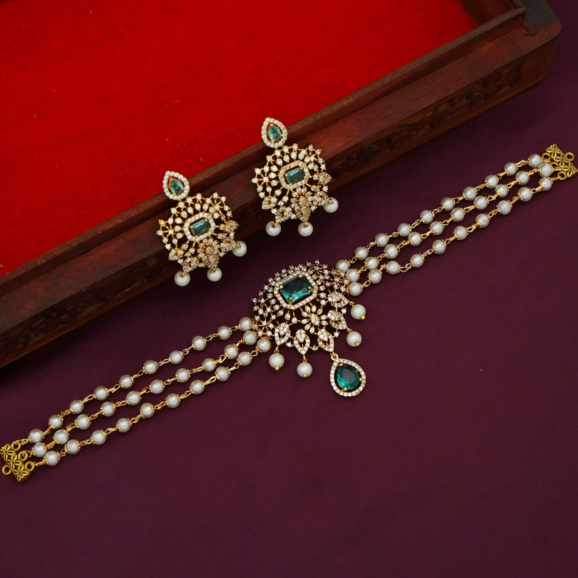 Nila 3 Layer Pearl AD Stone Claw Glossy Stone Choker With Earring - Image 7