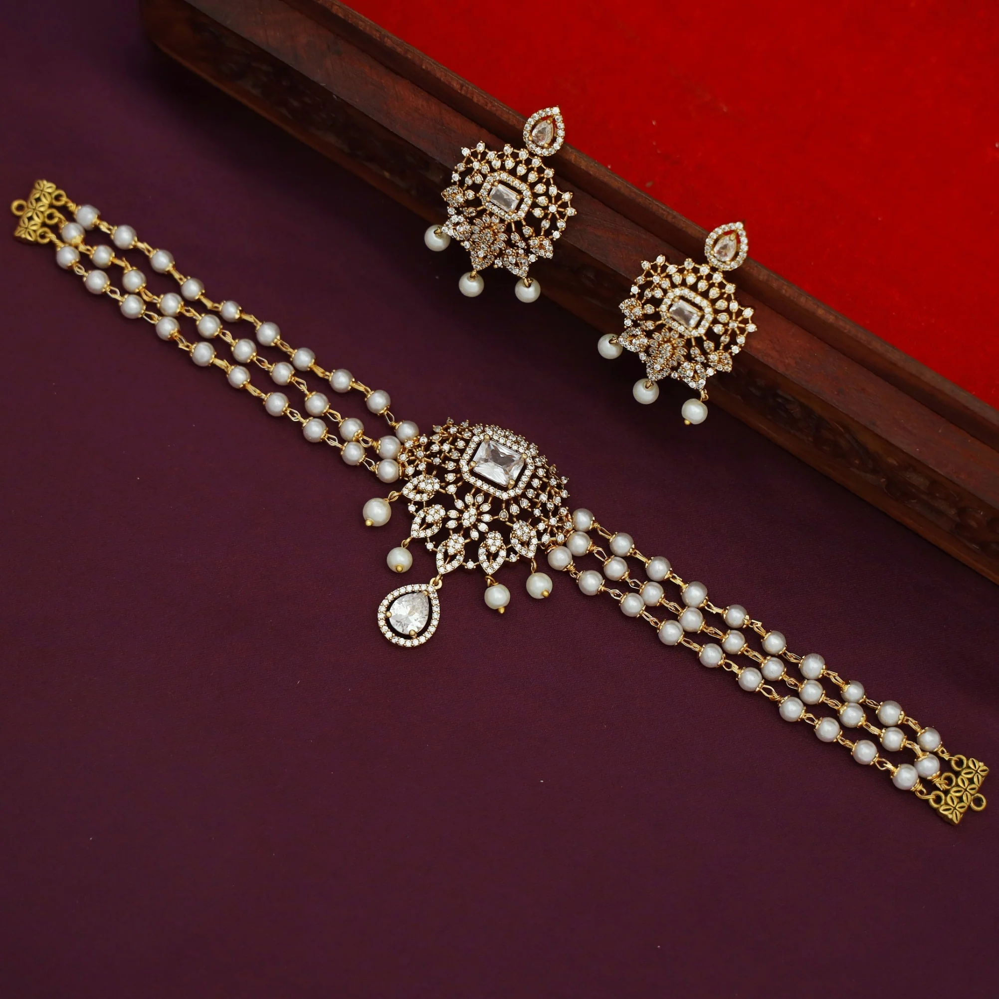 Nila 3 Layer Pearl AD Stone Claw Glossy Stone Choker With Earring - Image 9