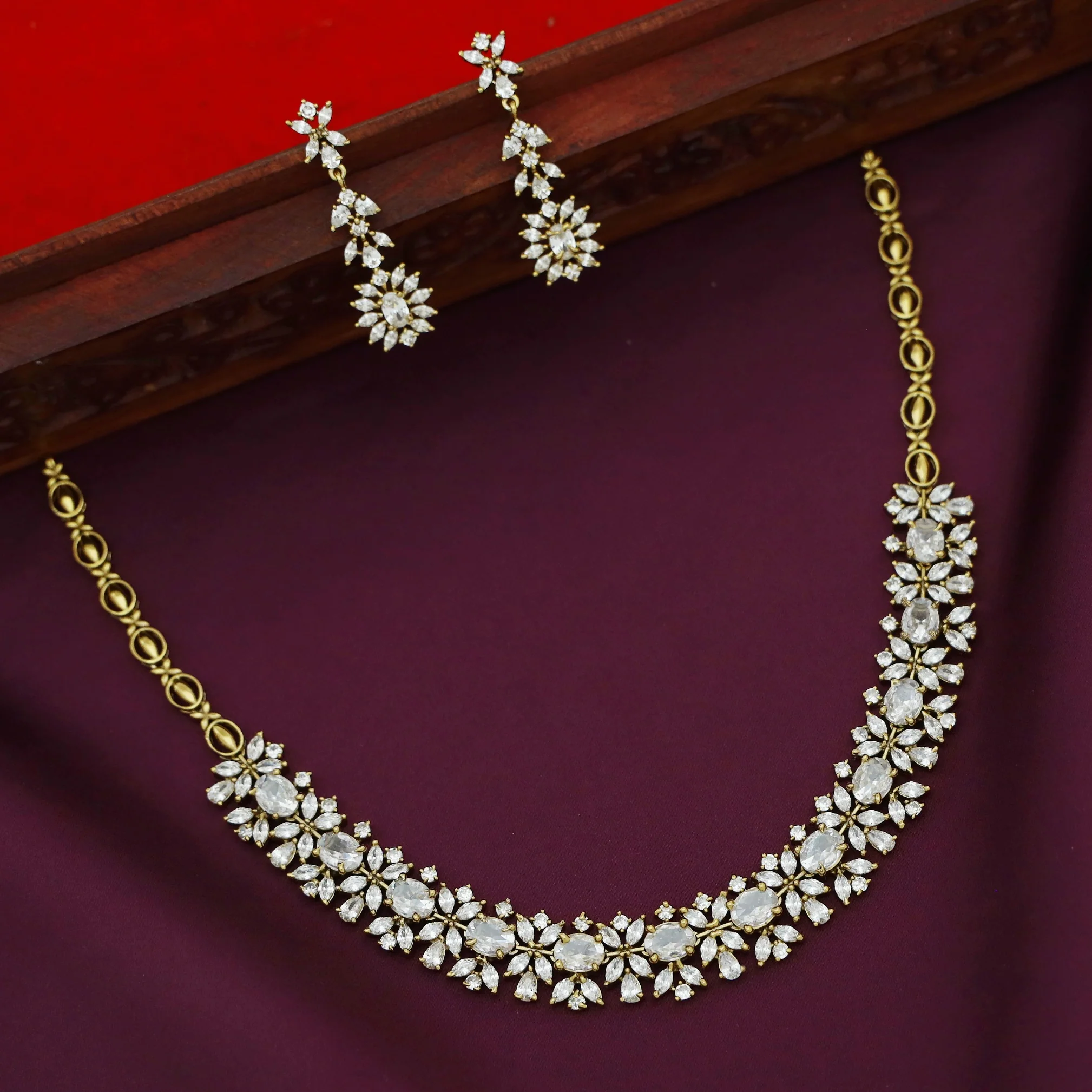 Ninat AD Stone Short Neckpiece / Choker With Earring - Image 2