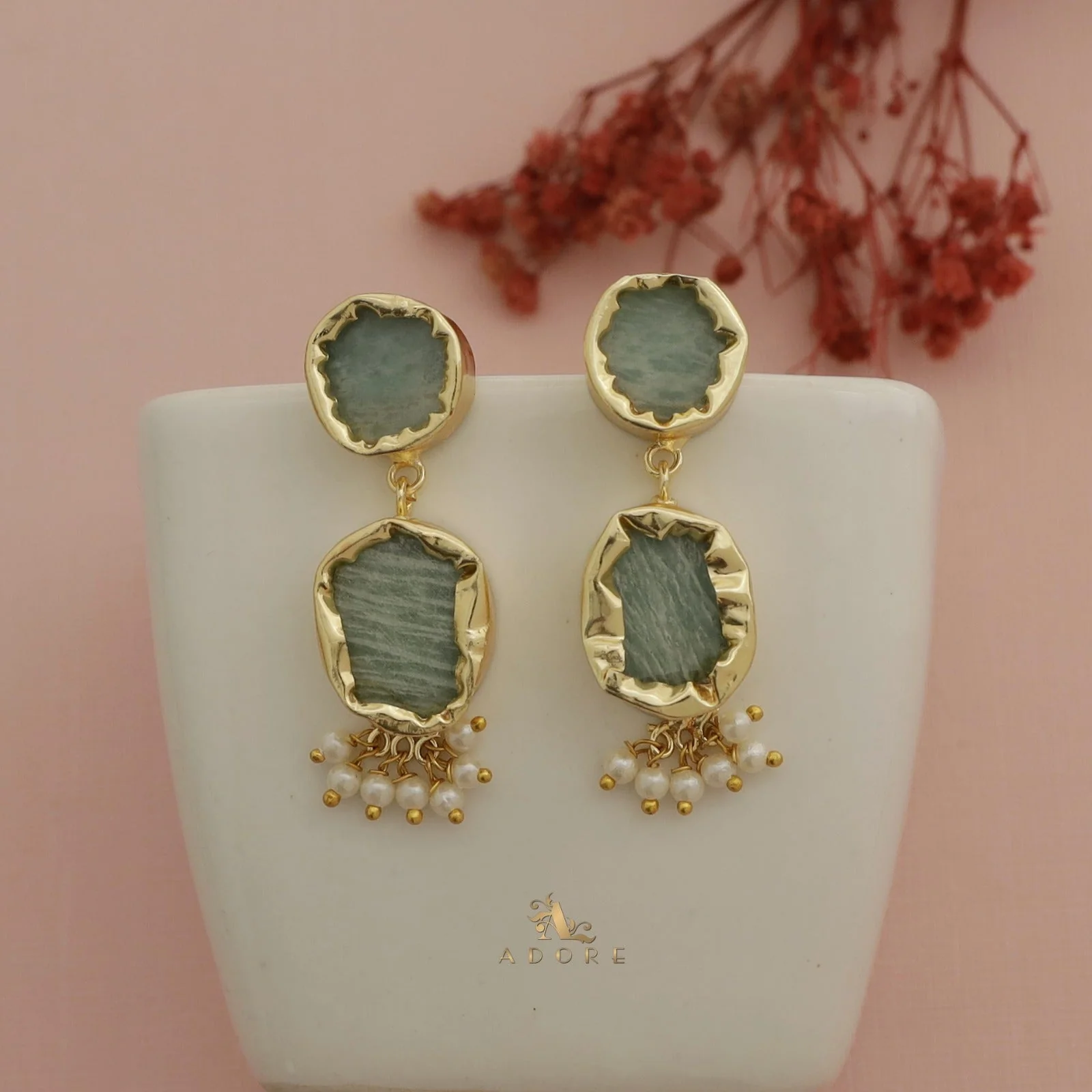 Nira Dual Raw Stone Pearl Earring - Image 10
