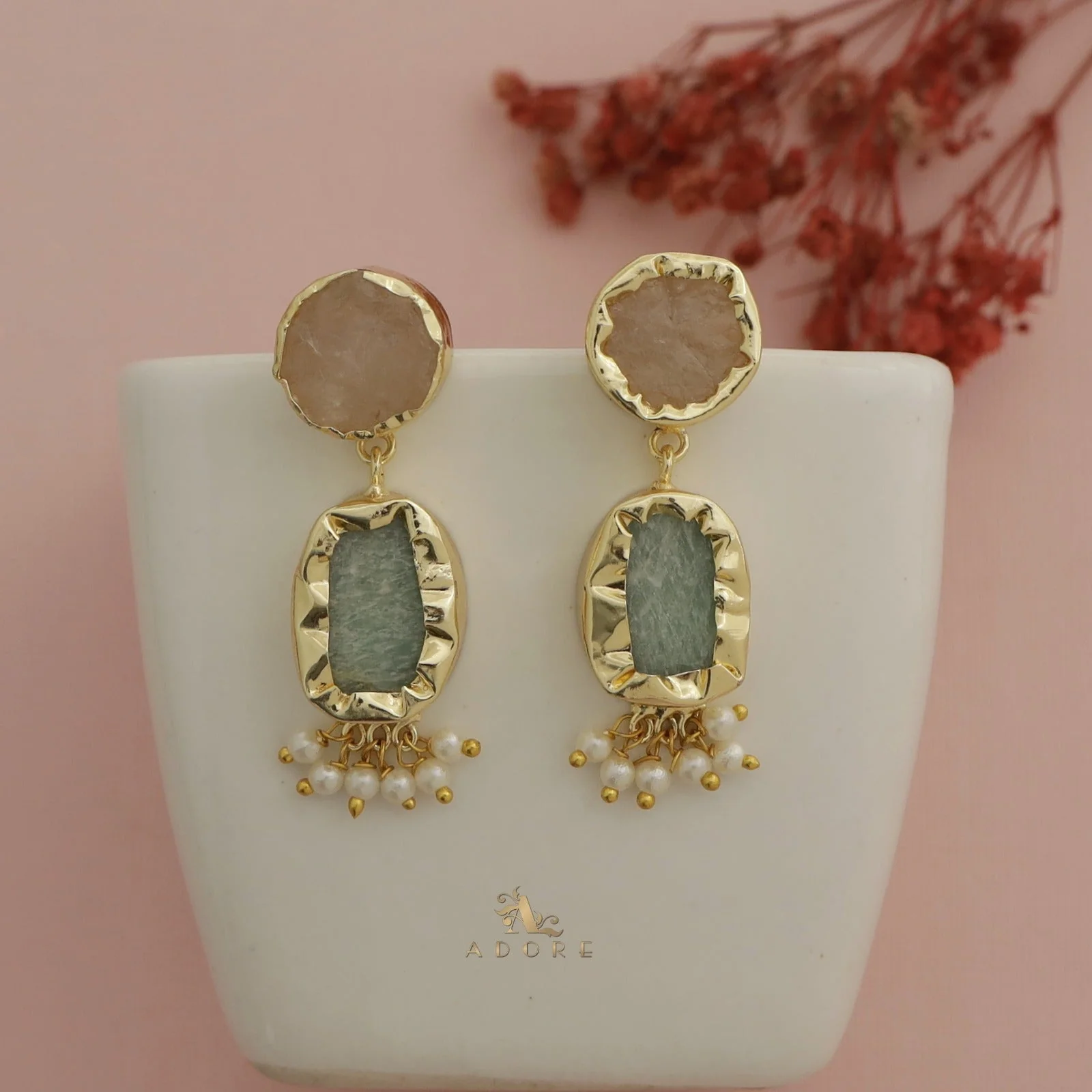 Nira Dual Raw Stone Pearl Earring - Image 11