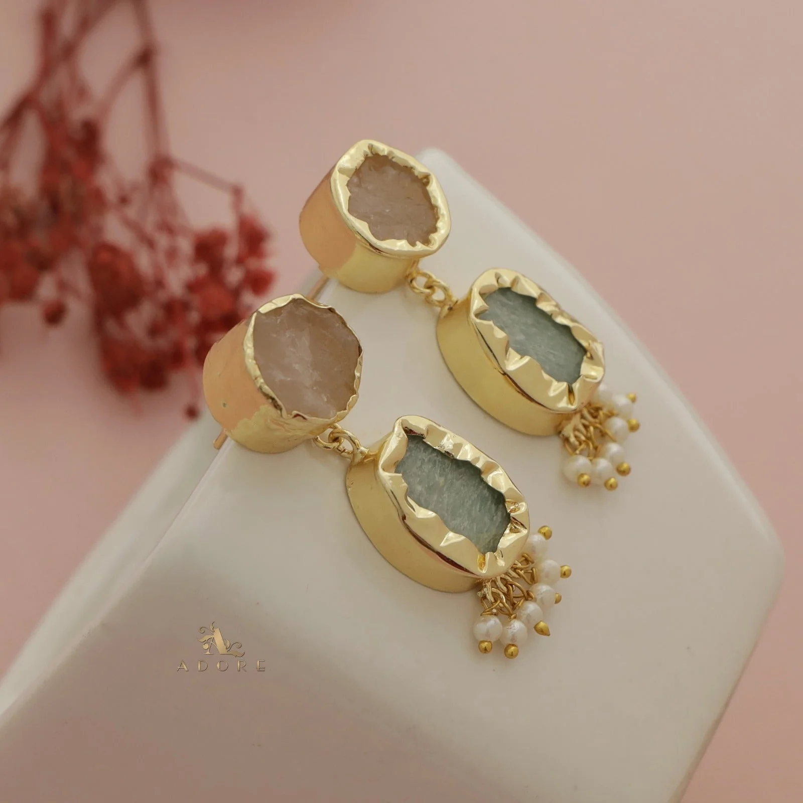 Nira Dual Raw Stone Pearl Earring - Image 12