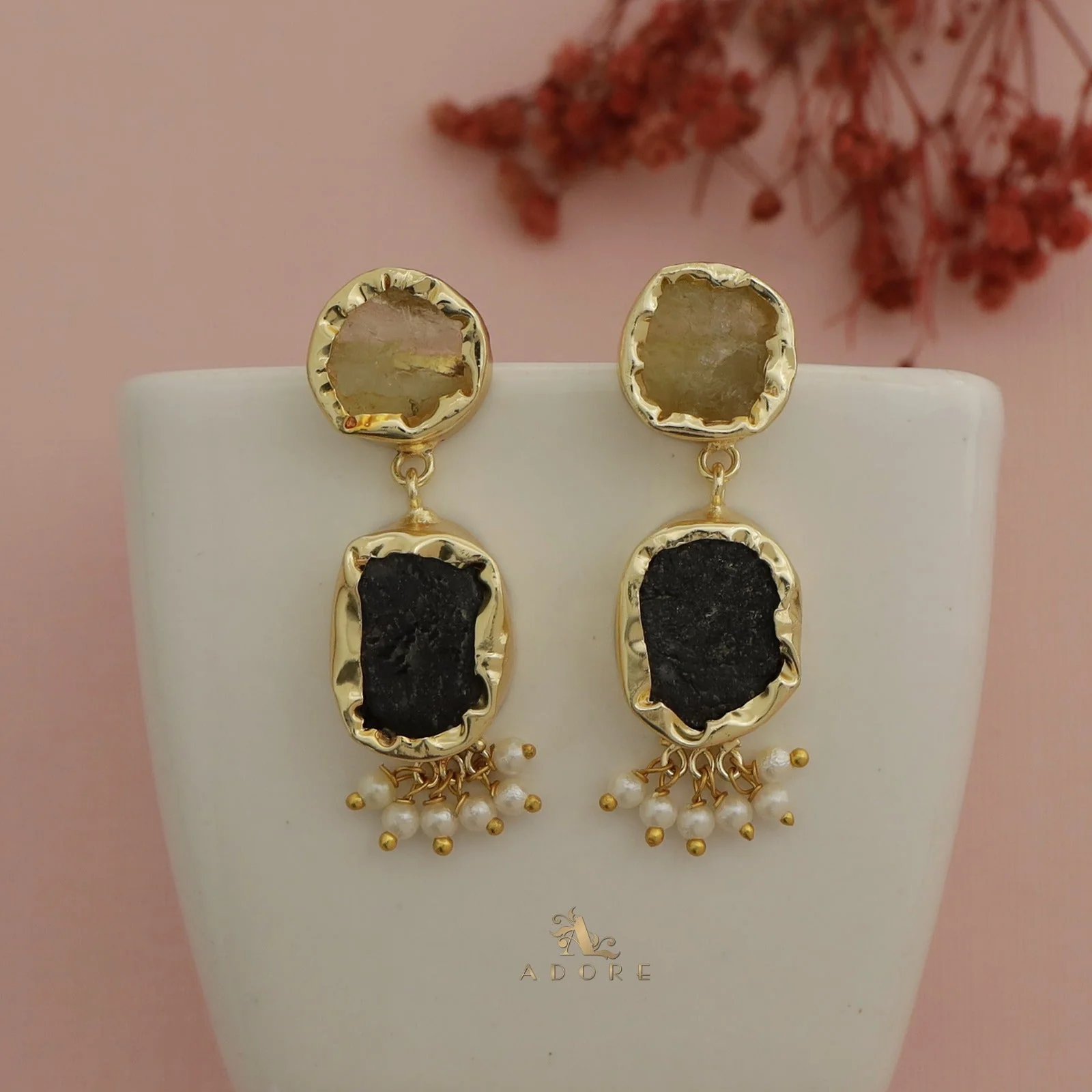 Nira Dual Raw Stone Pearl Earring - Image 5