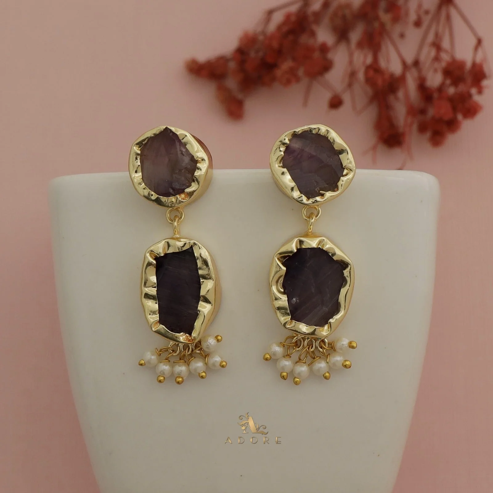 Nira Dual Raw Stone Pearl Earring - Image 7