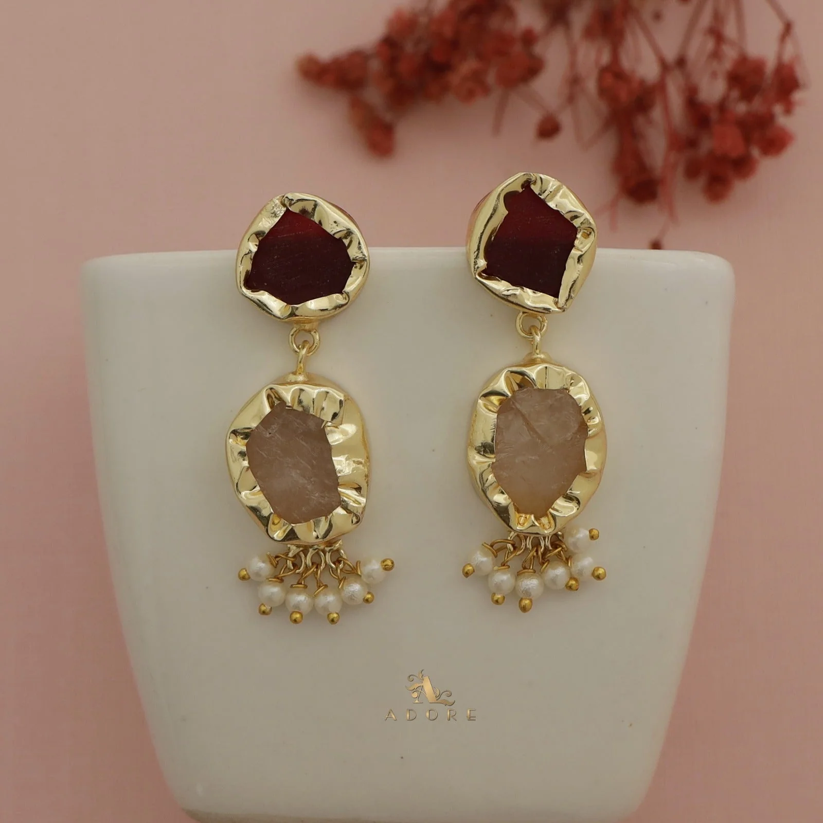 Nira Dual Raw Stone Pearl Earring - Image 8