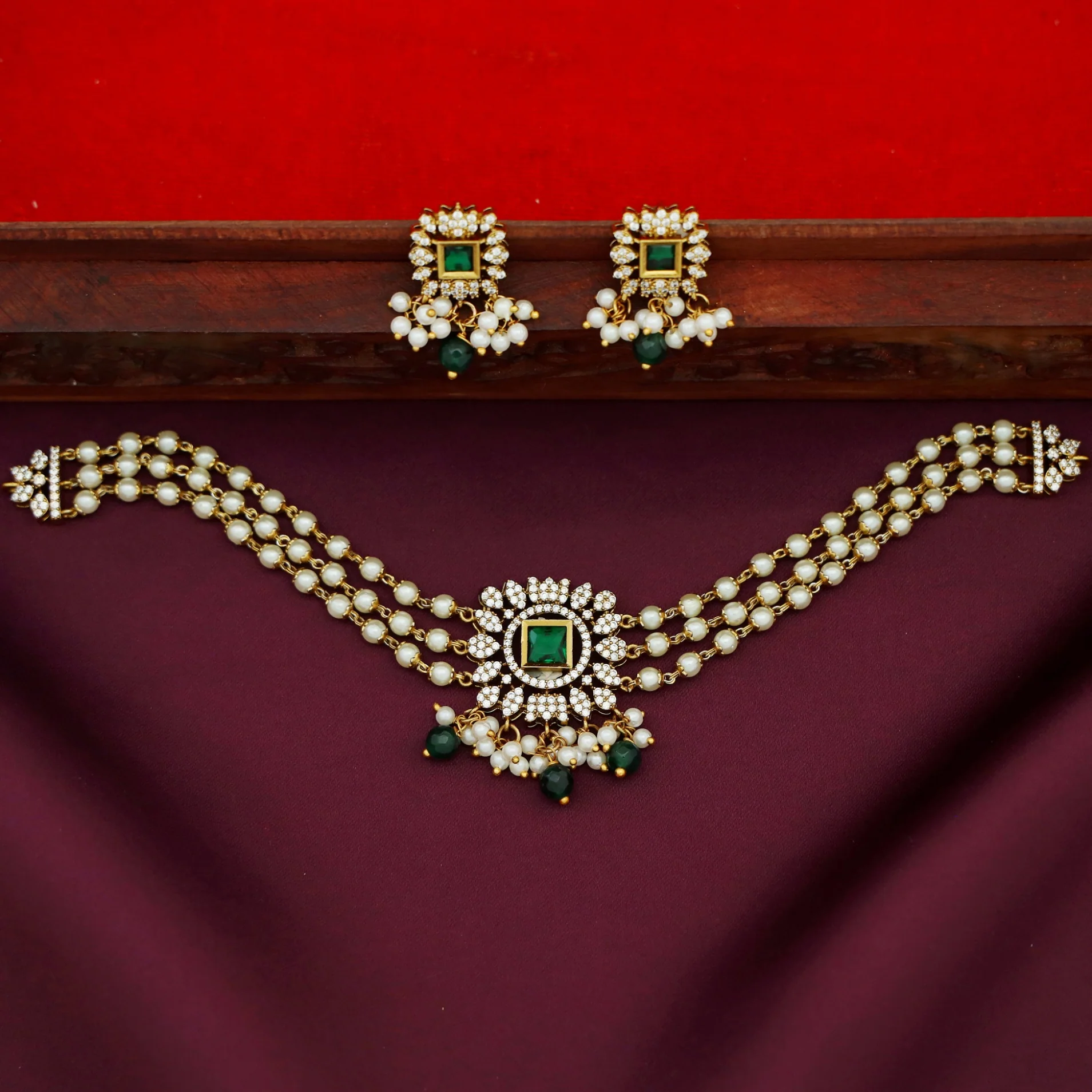 Nivedya 3 Layer Pearl AD Stone Choker With Earring - Image 2