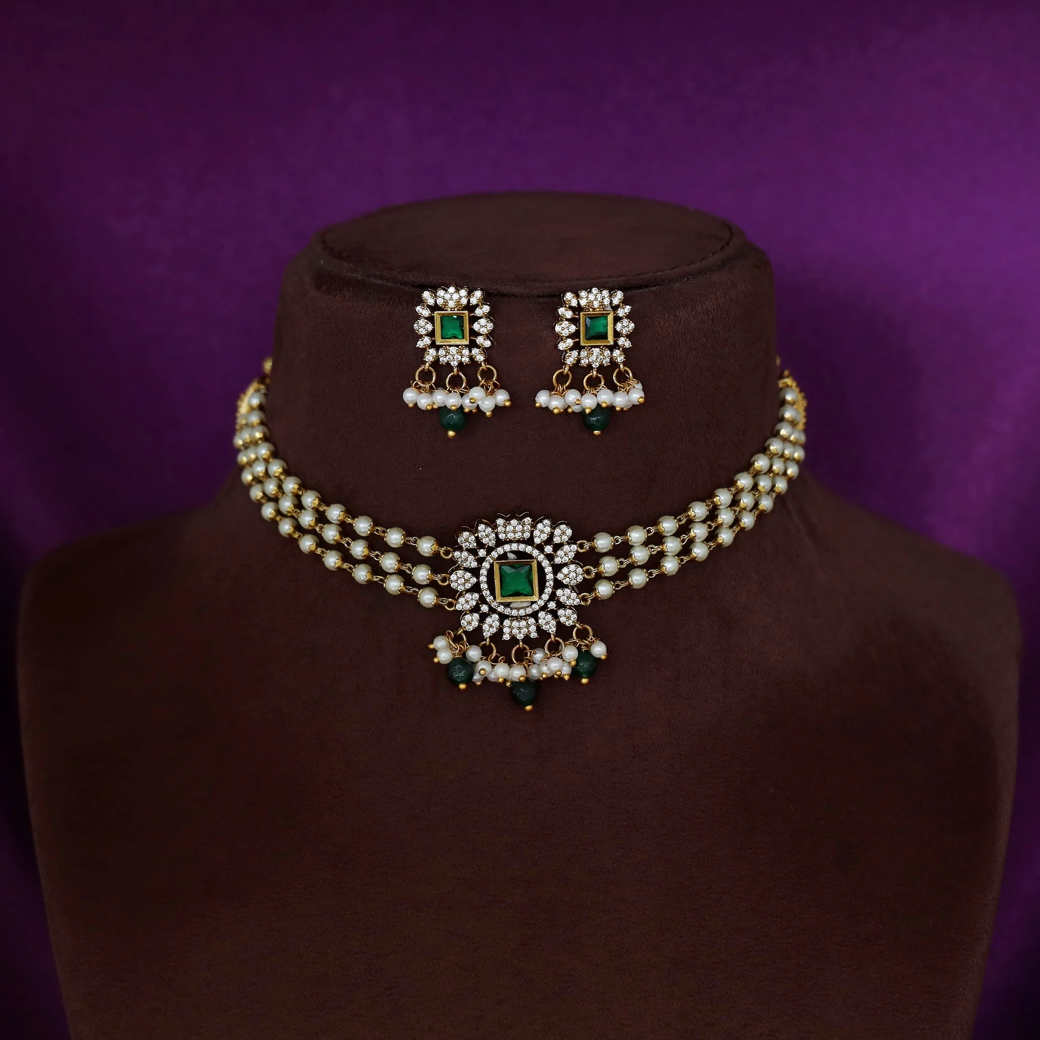 Nivedya 3 Layer Pearl AD Stone Choker With Earring - Image 3