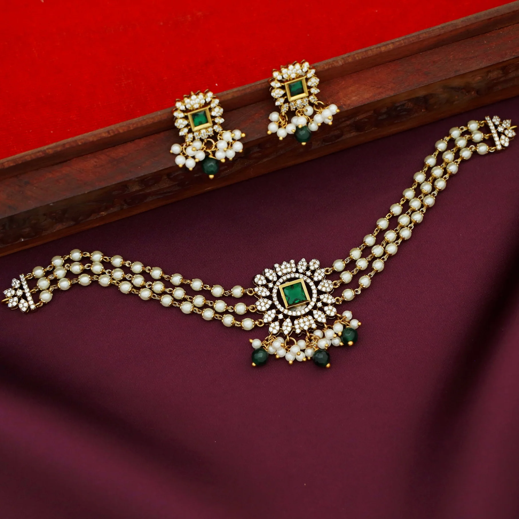 Nivedya 3 Layer Pearl AD Stone Choker With Earring - Image 4
