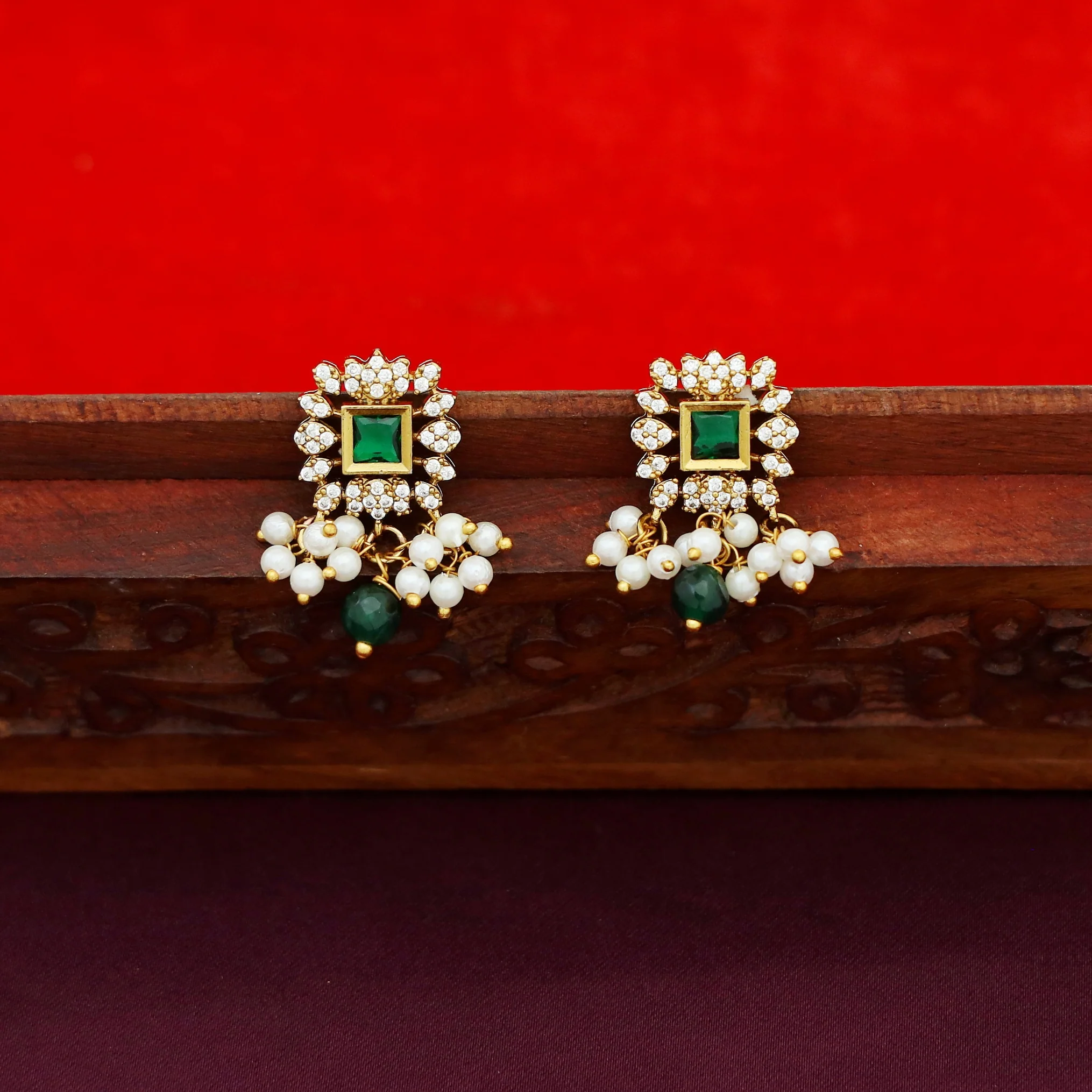 Nivedya 3 Layer Pearl AD Stone Choker With Earring - Image 5