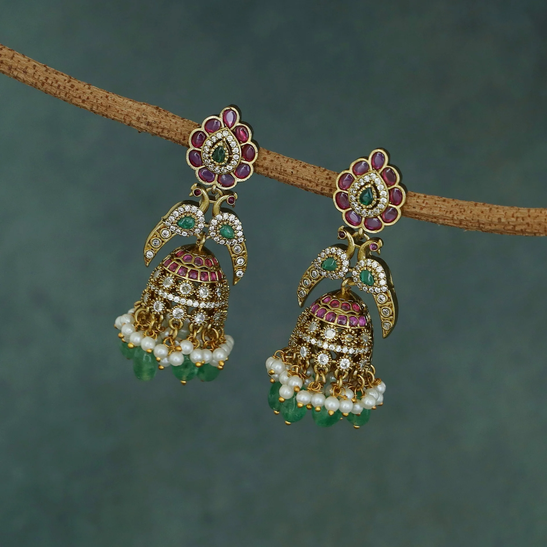 Nivega Dual Mayura Rice Pearl Beaded Jhumka - Image 2