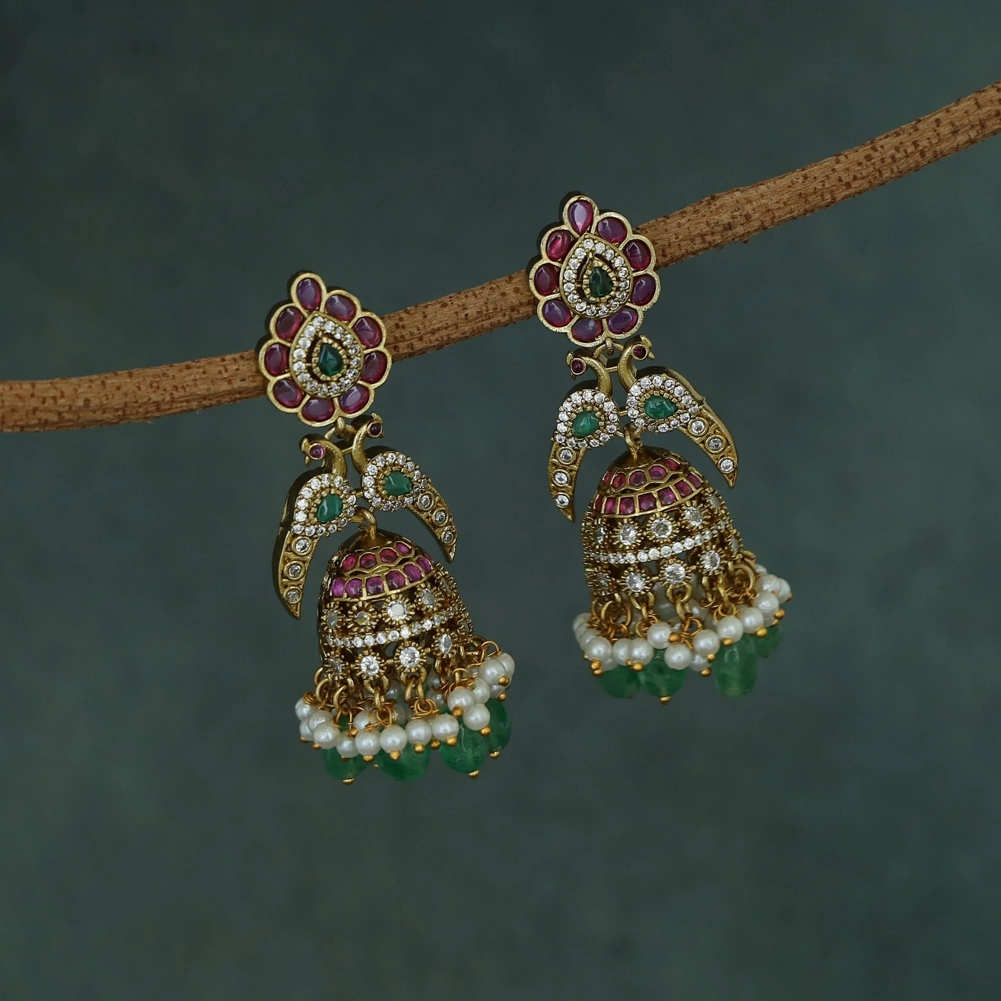 Nivega Dual Mayura Rice Pearl Beaded Jhumka - Image 3