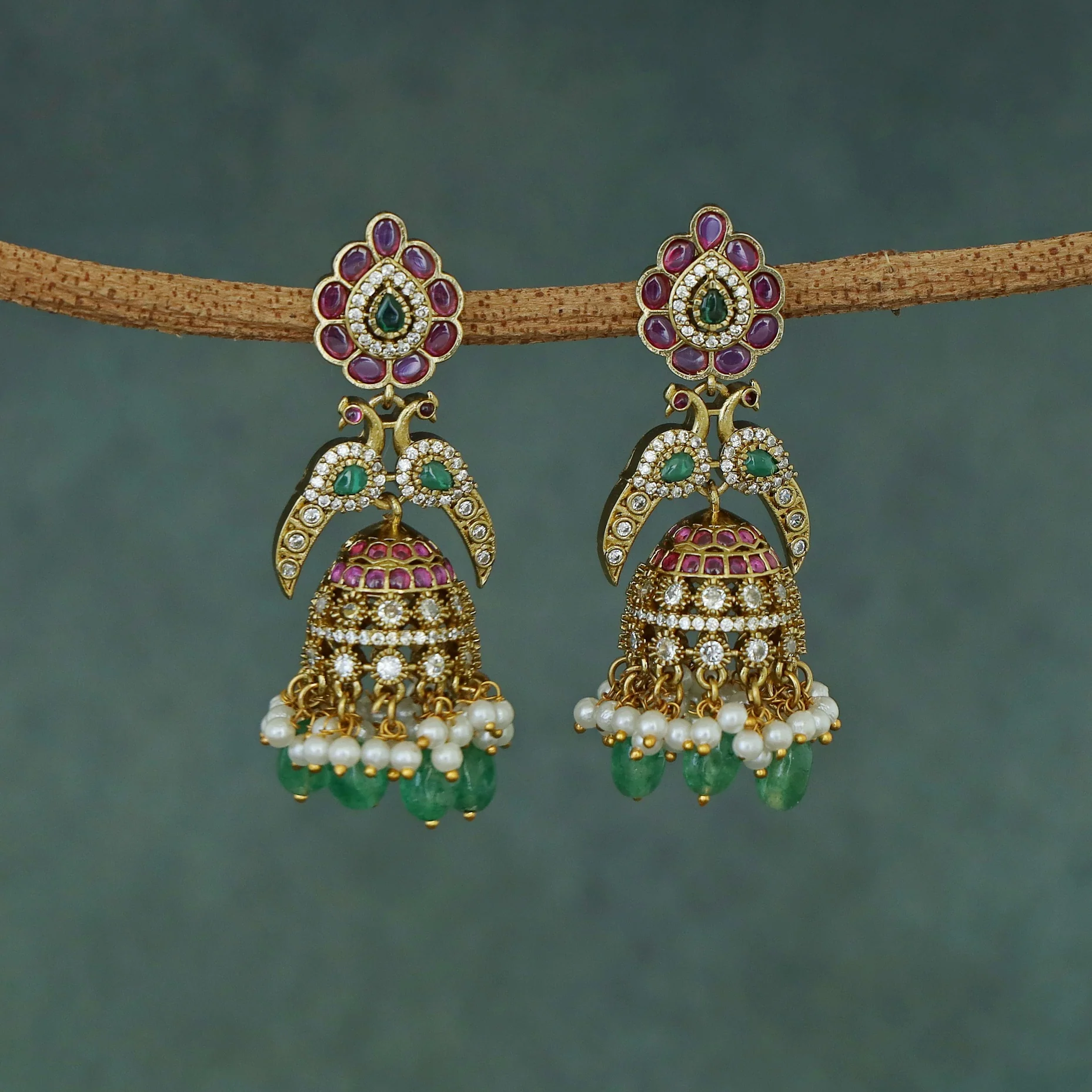 Nivega Dual Mayura Rice Pearl Beaded Jhumka - Image 4
