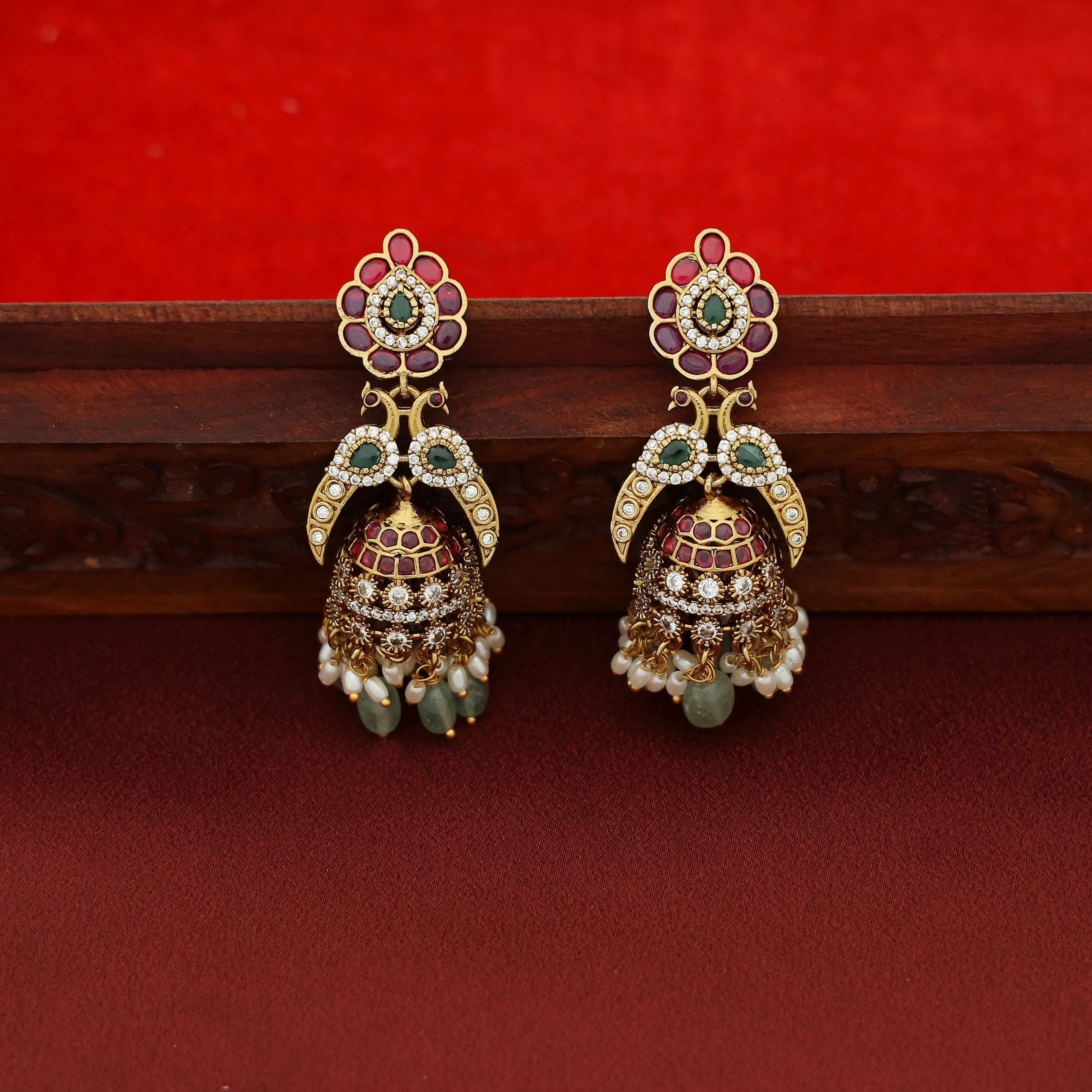 Nivega Dual Mayura Rice Pearl Beaded Jhumka - Image 5