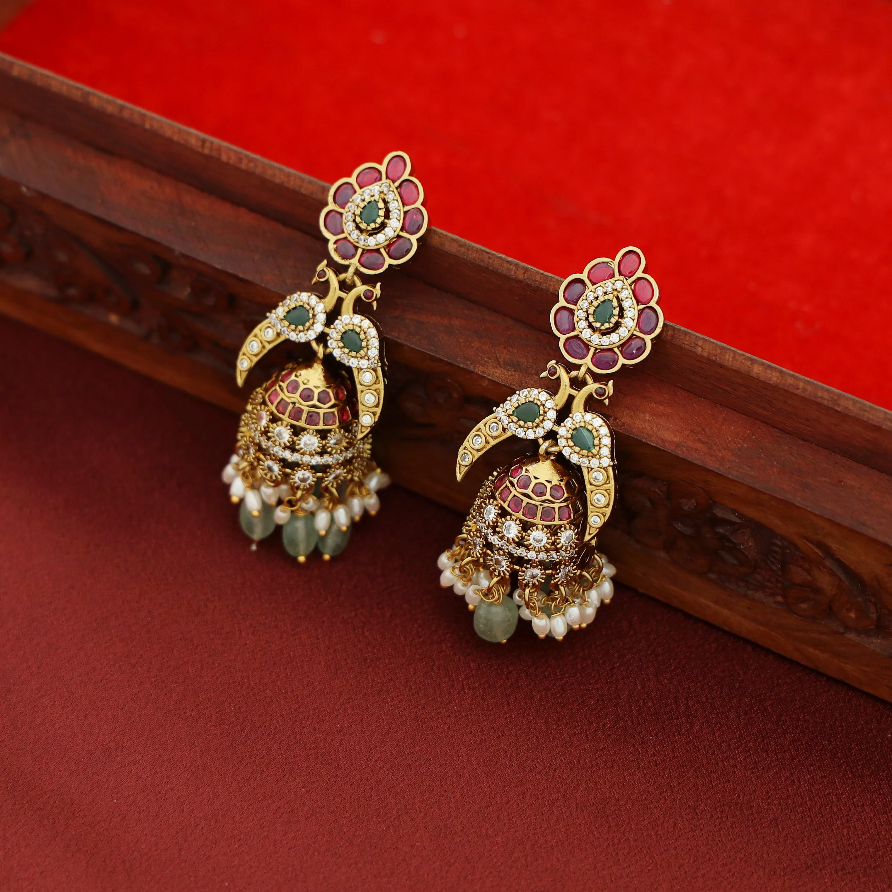 Nivega Dual Mayura Rice Pearl Beaded Jhumka - Image 6