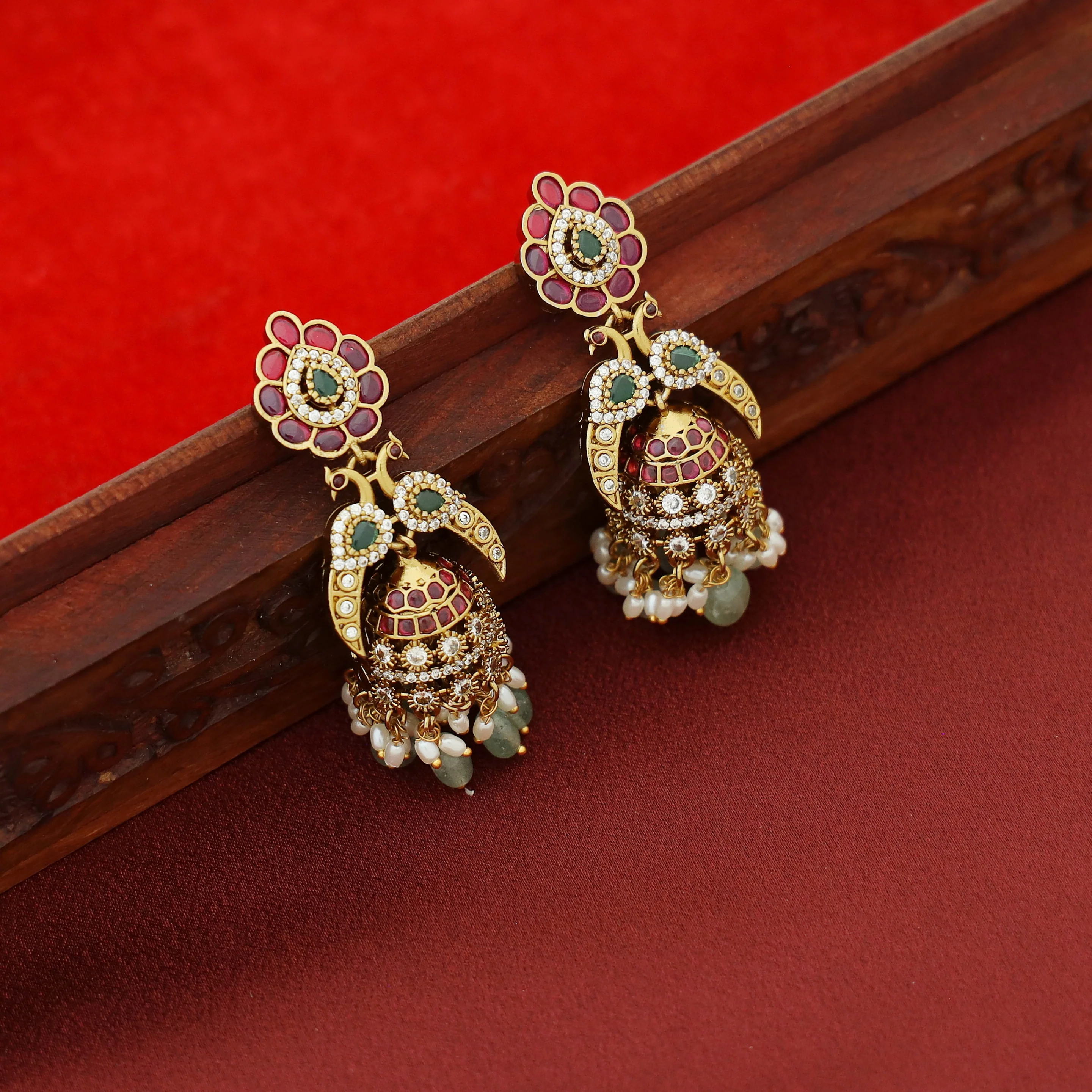 Nivega Dual Mayura Rice Pearl Beaded Jhumka - Image 7