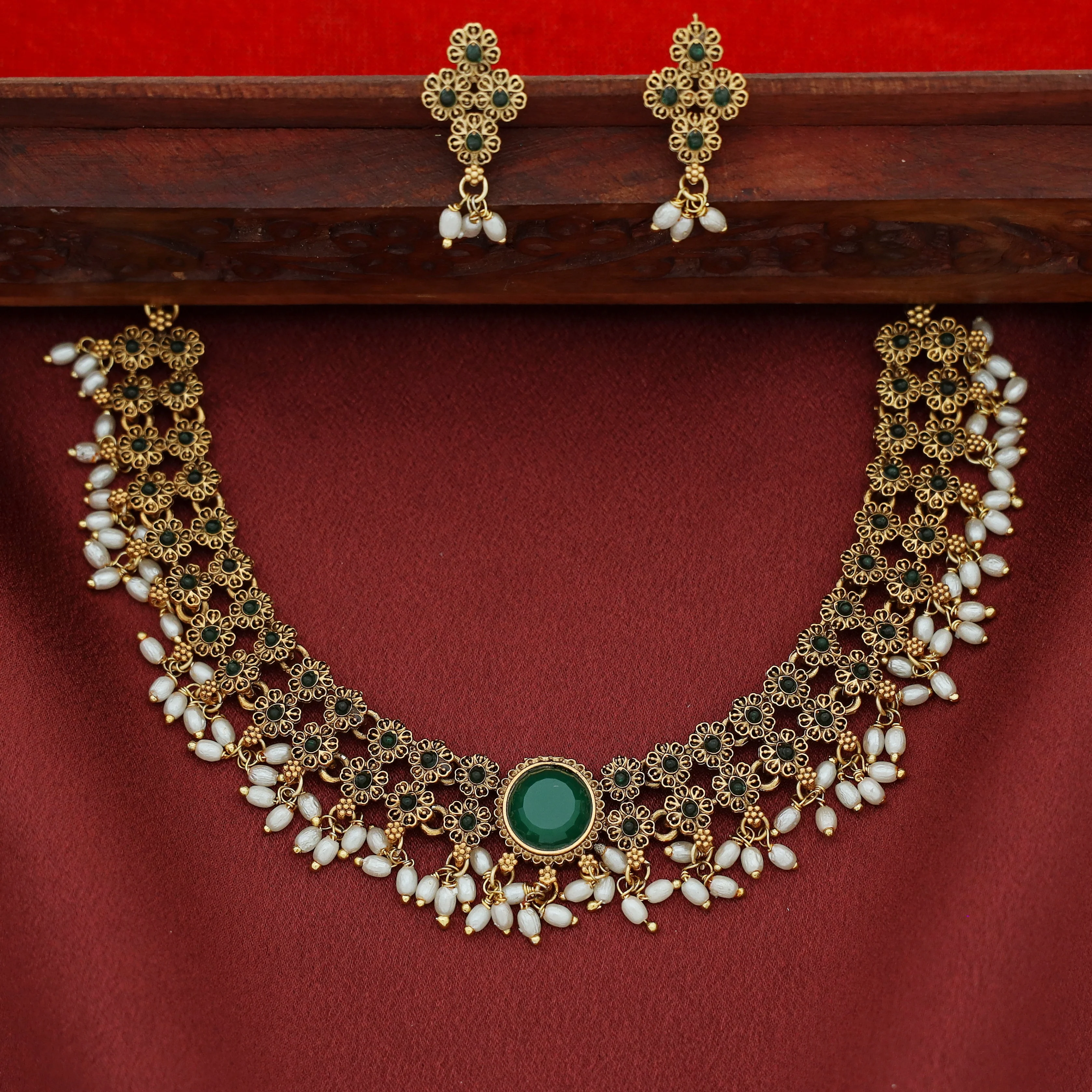 Nivithika Floral Rice Pearl Short Neckpiece with Earring - Image 2