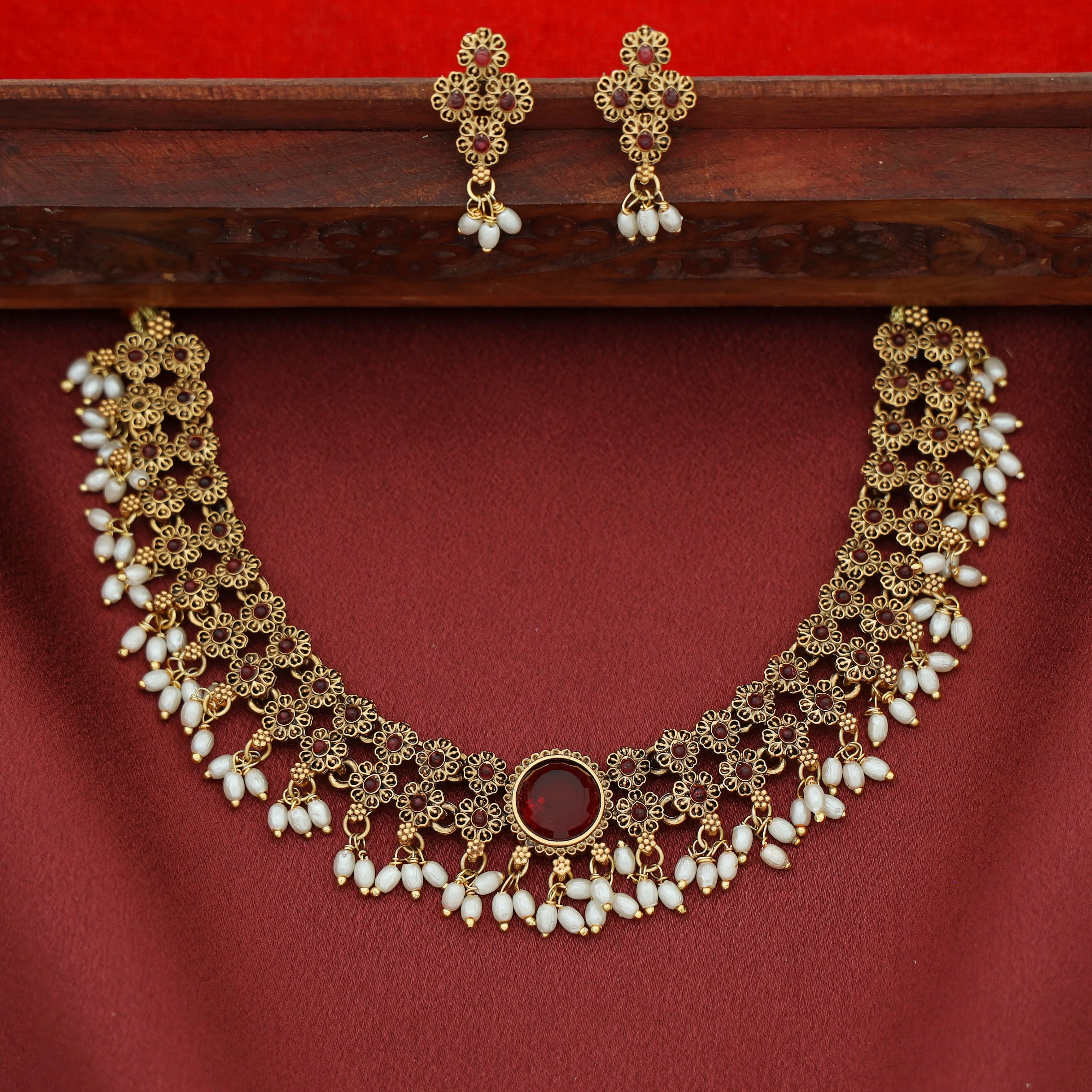 Nivithika Floral Rice Pearl Short Neckpiece with Earring - Image 3