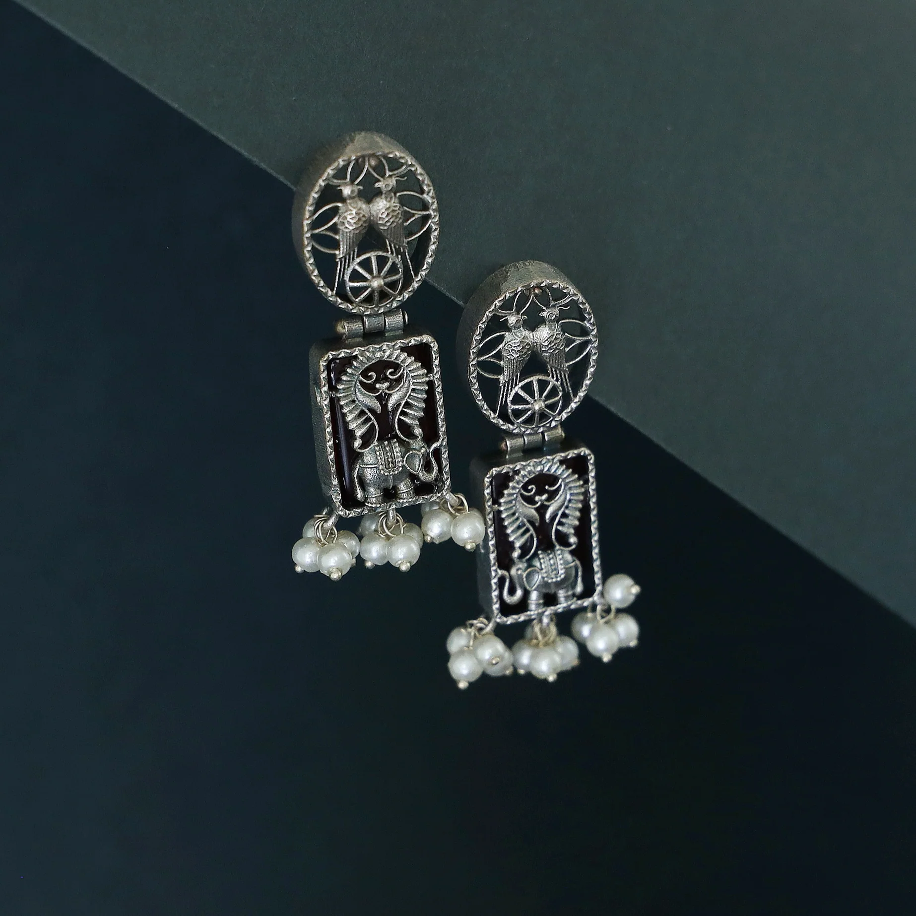 Noora Oval Rectangle Glossy stone Pearl Earring - Image 7