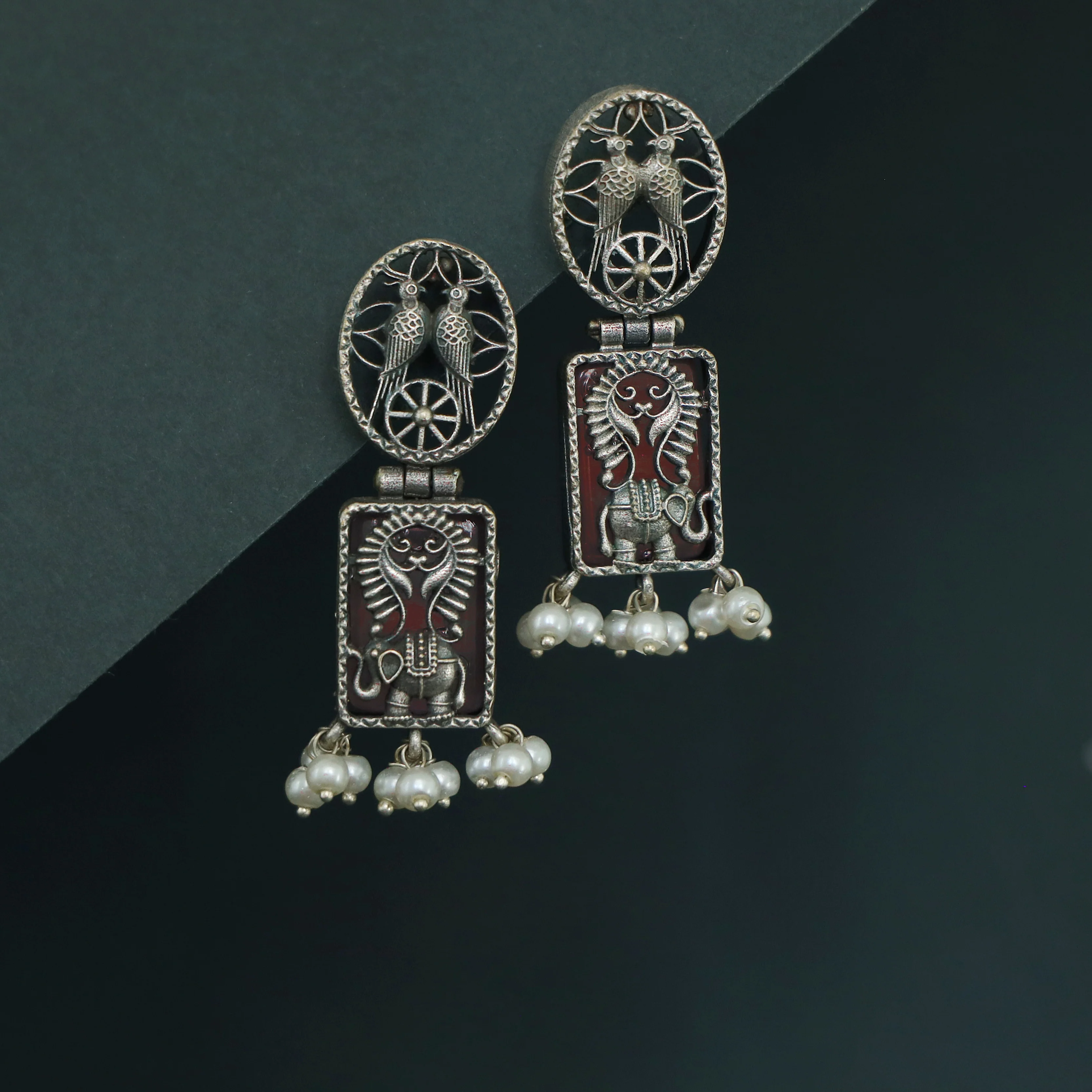 Noora Oval Rectangle Glossy stone Pearl Earring - Image 9