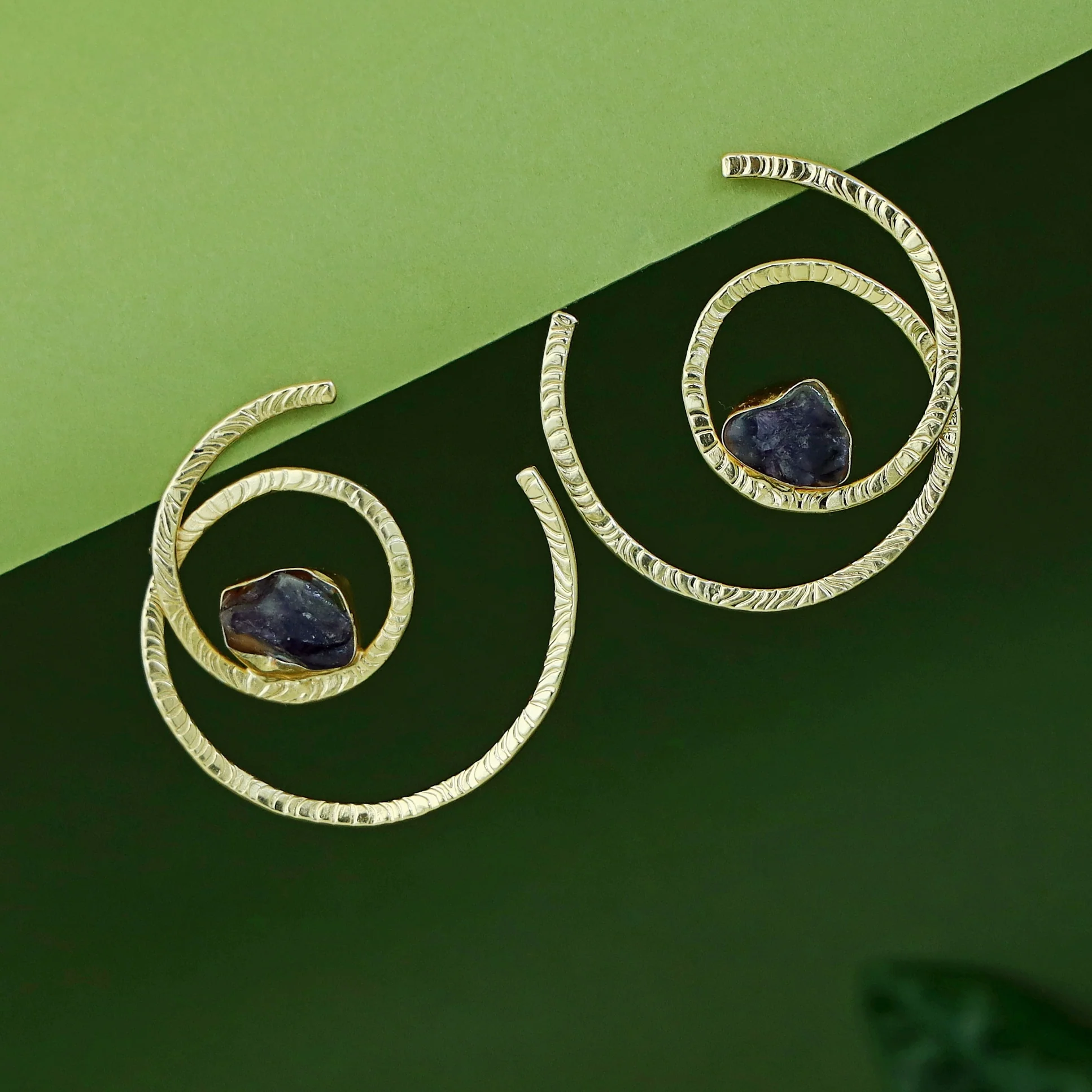 Nyra Golden Textured Spiral Raw Stone Earring - Image 6