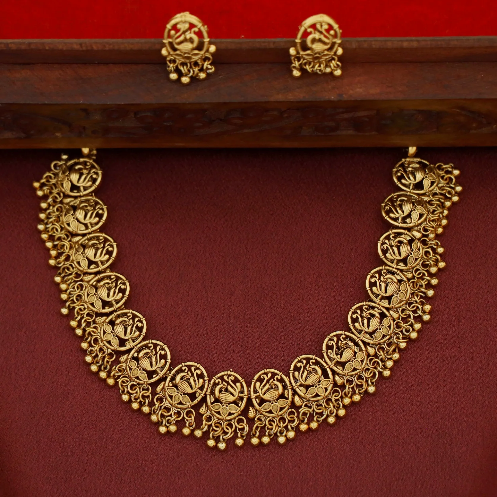 Oorja Oval Mayura Golden Ball Short Neckpiece With Earring - Image 2