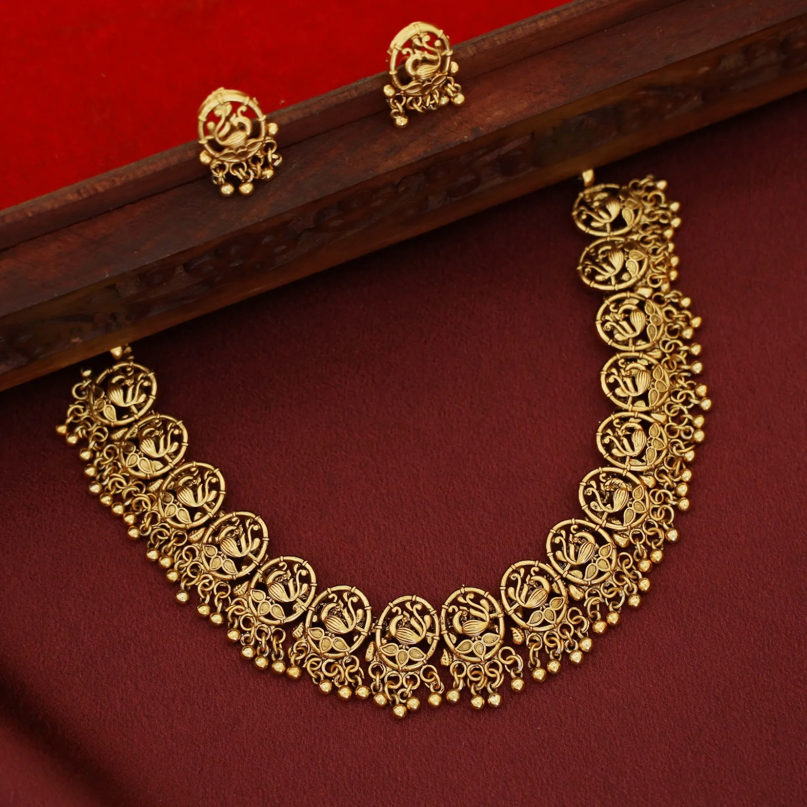 Oorja Oval Mayura Golden Ball Short Neckpiece With Earring - Image 3
