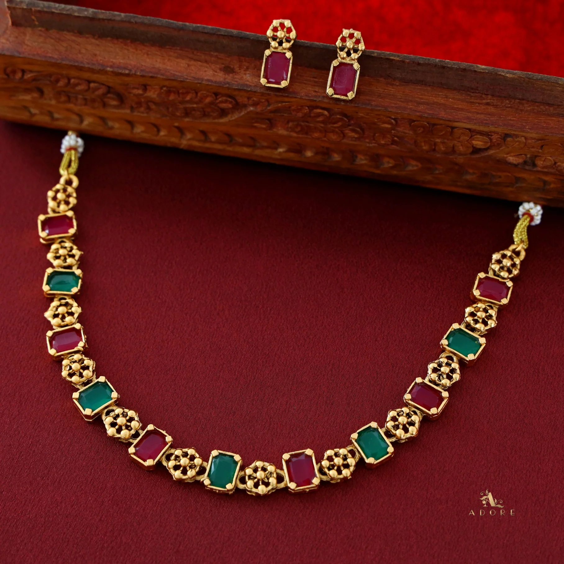 Padmavati Flower Rectangle Glossy Short Neckpiece with Earring - Image 5