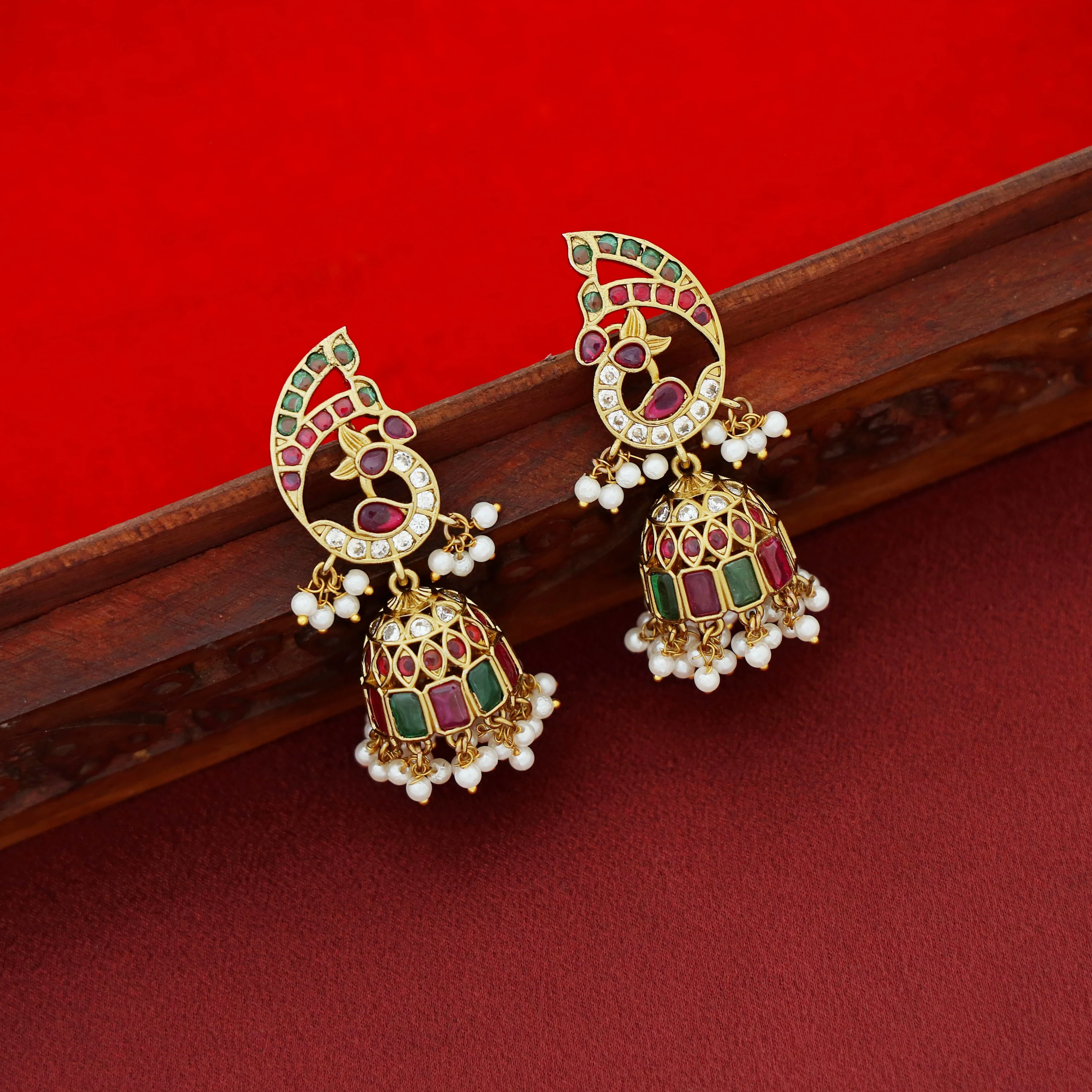 Pavnitha Kemp Stone Mayura Cluster Pearl Jhumka - Image 2