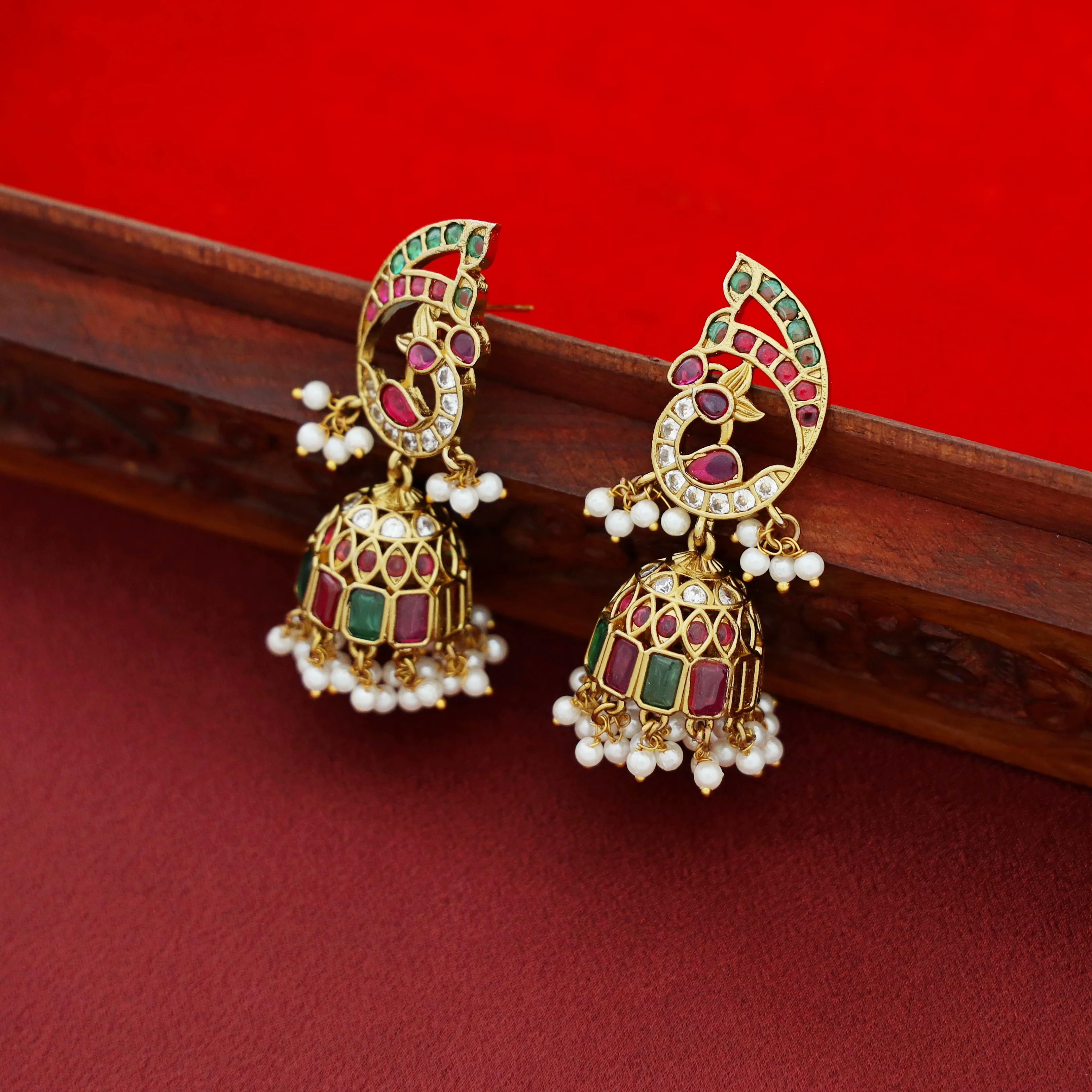 Pavnitha Kemp Stone Mayura Cluster Pearl Jhumka - Image 3