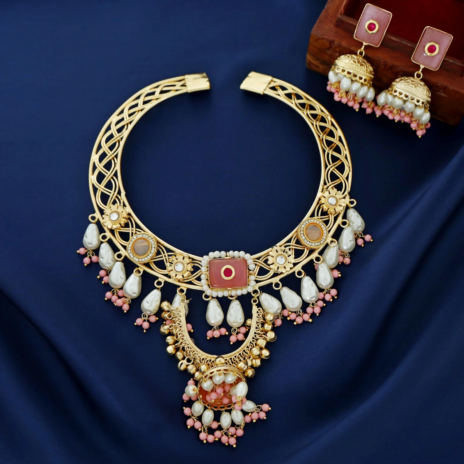 Barnali Pearl Beaded Ghungroo Jhumka Neckcuff With Earring - Image 2
