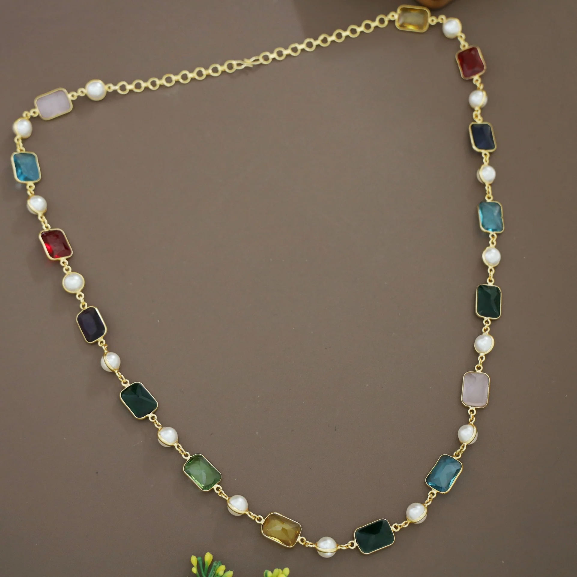 Irisa Pearl Rectangle Glossy Stone Long Neckpiece - Image 10