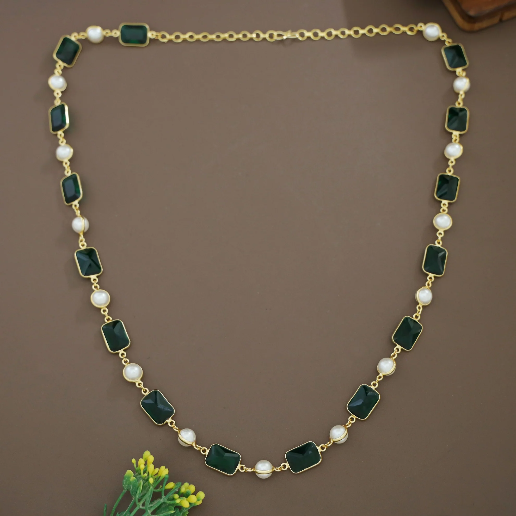 Irisa Pearl Rectangle Glossy Stone Long Neckpiece - Image 2