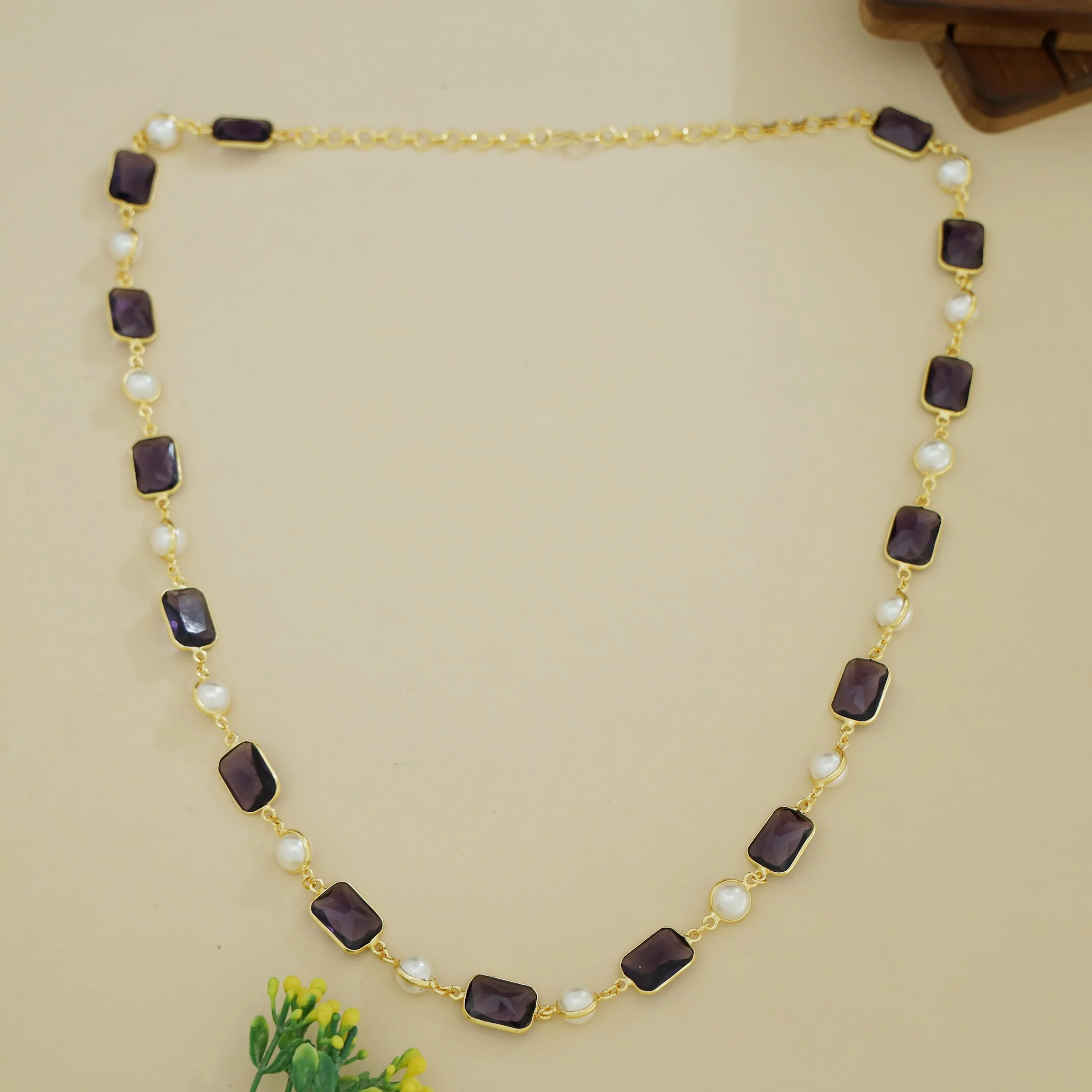Irisa Pearl Rectangle Glossy Stone Long Neckpiece - Image 7