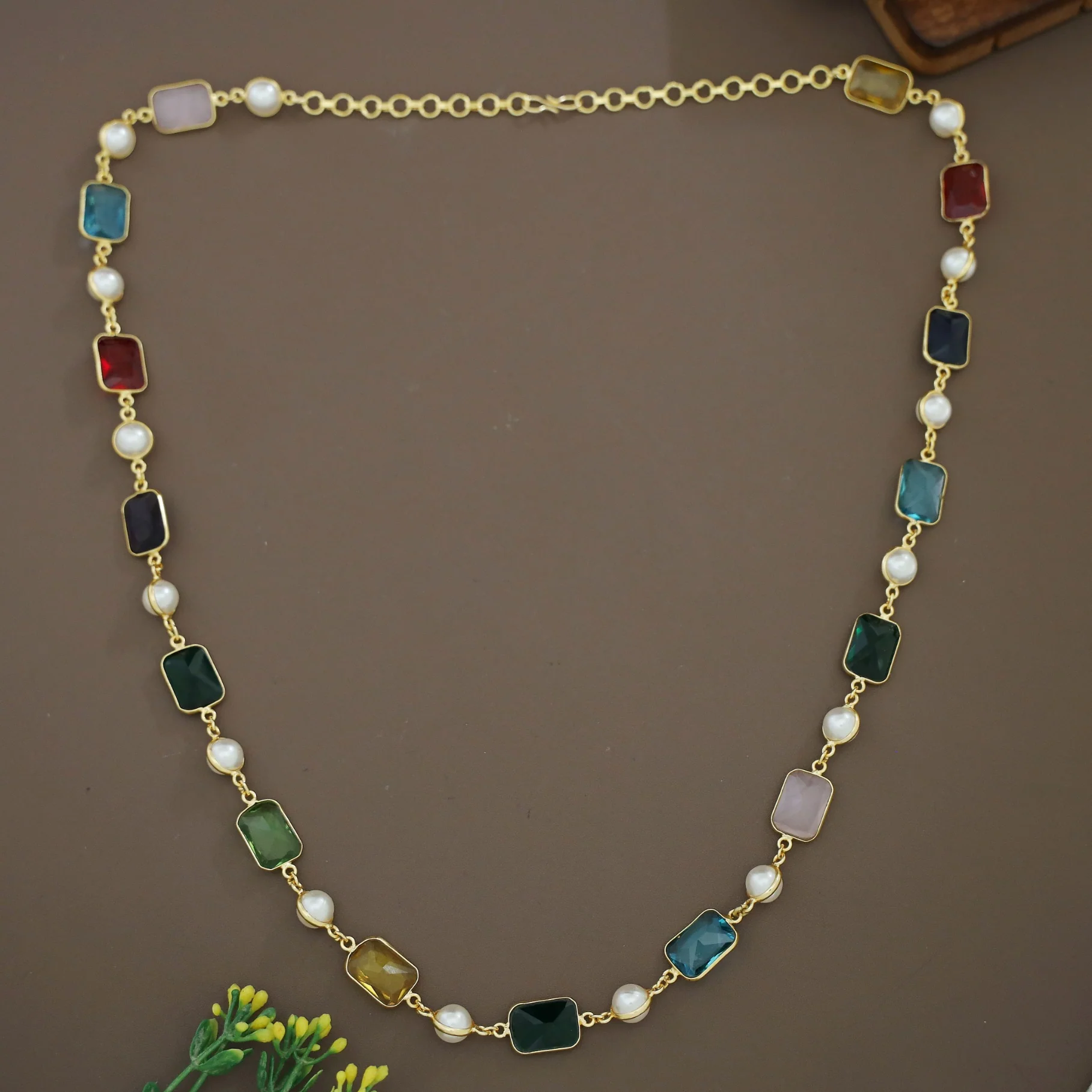 Irisa Pearl Rectangle Glossy Stone Long Neckpiece - Image 9