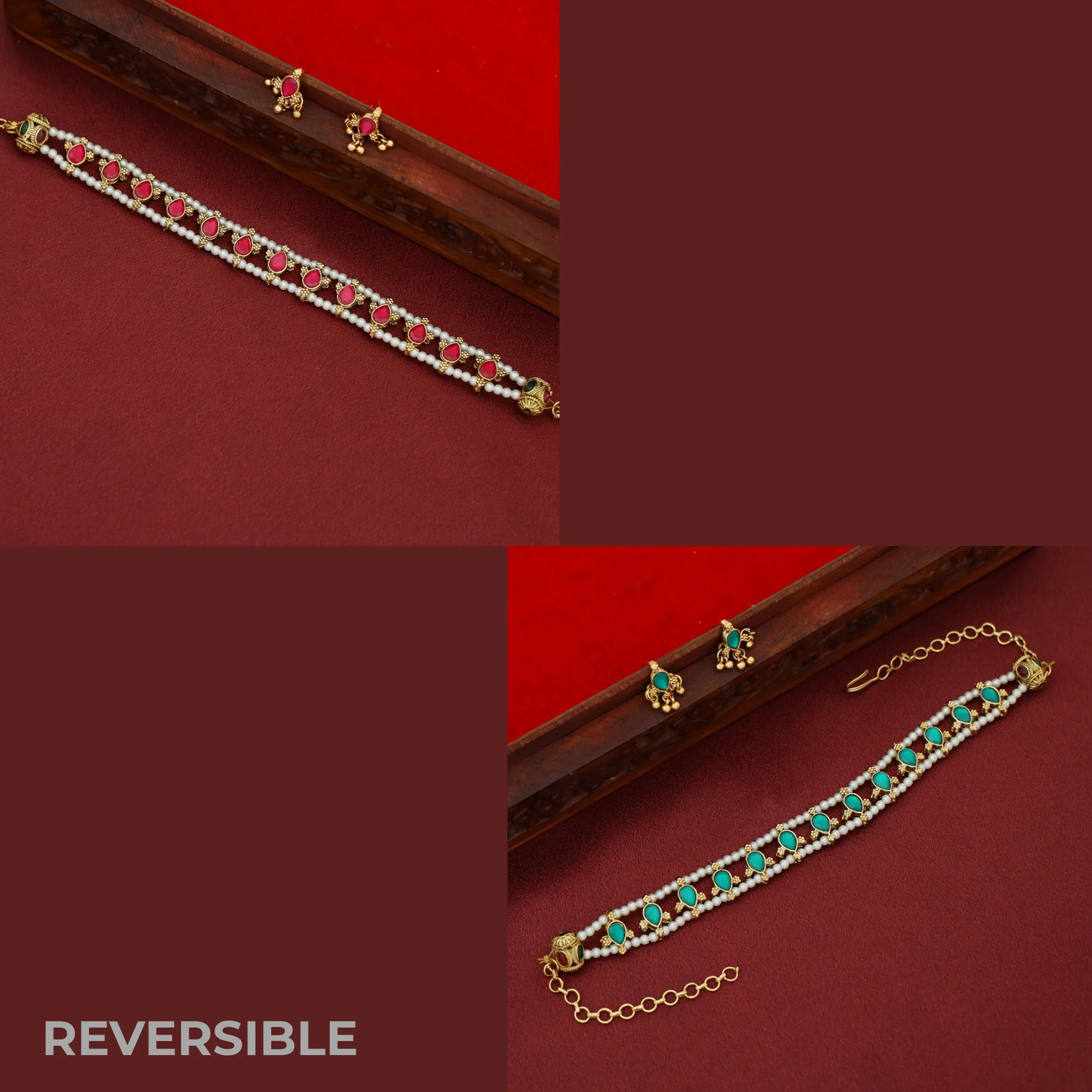 Poorna 2 Layer Pearl Reversible Drop Choker With Earring - Image 2
