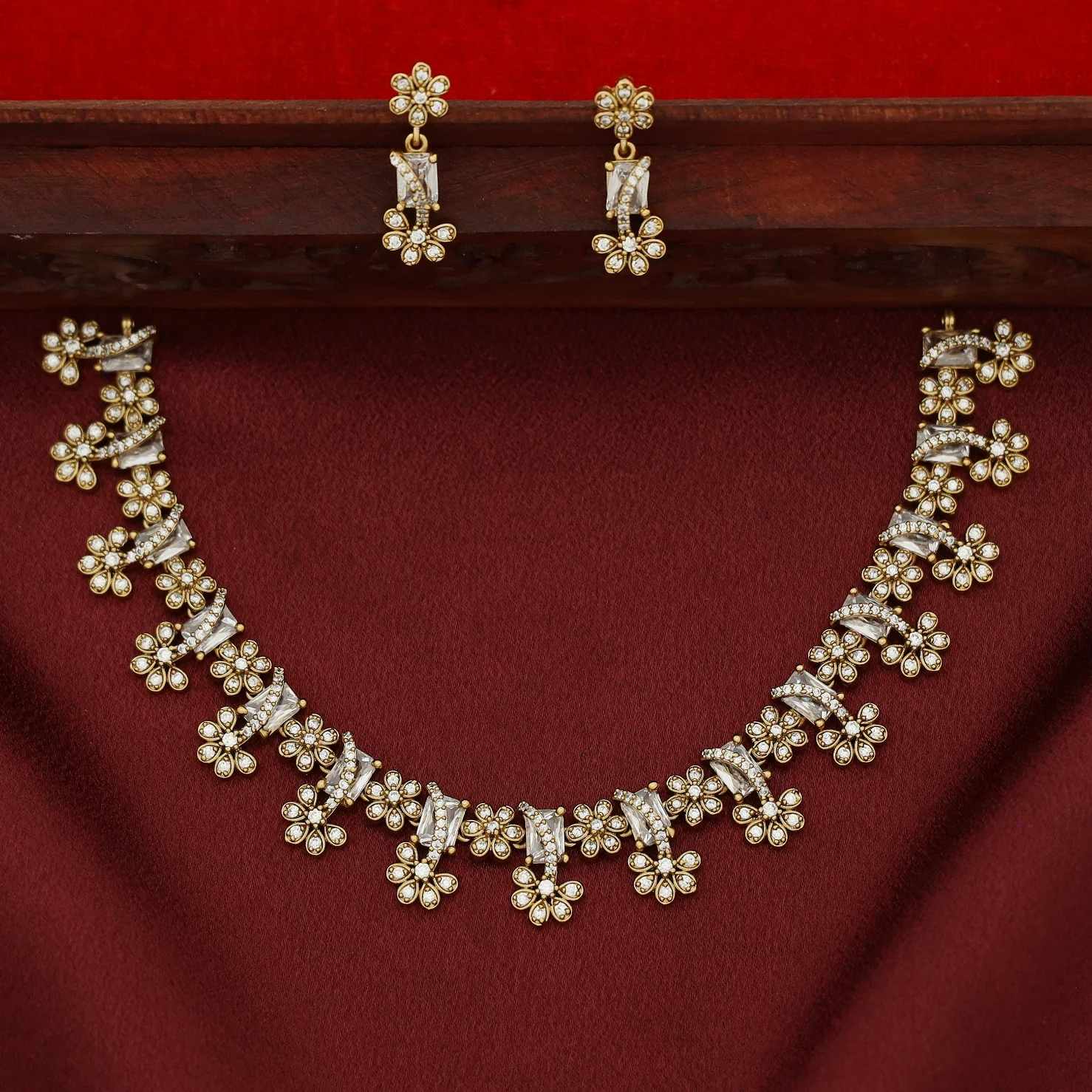 Poornasree Rectangle Glossy Flower Short Neckpiece With Earring - Image 7