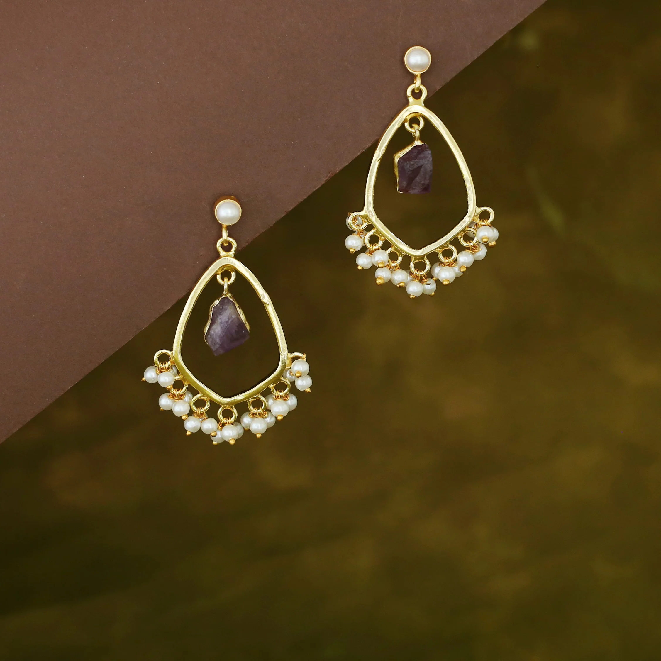 Posy Cluster Pearl Hanging Raw Stone Earring - Image 7