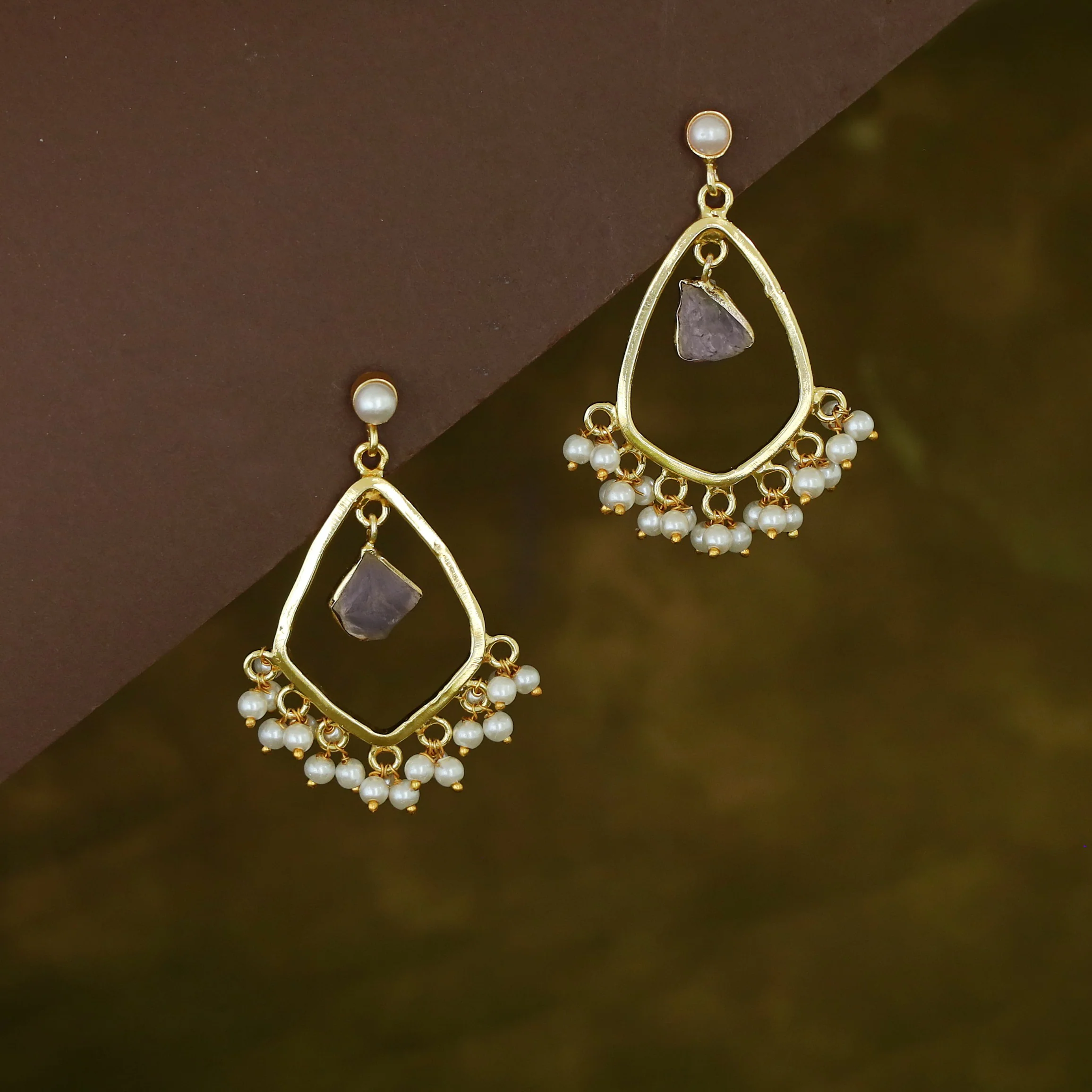 Posy Cluster Pearl Hanging Raw Stone Earring - Image 8