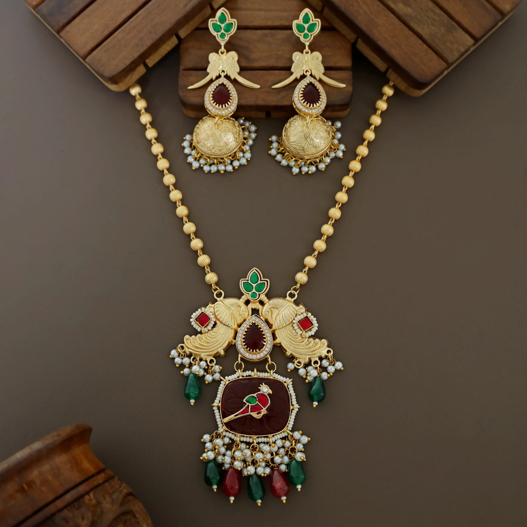 Pranali Gold Ball Dual Mayura Jadau Kundan Long Neckpiece With Earring - Image 3