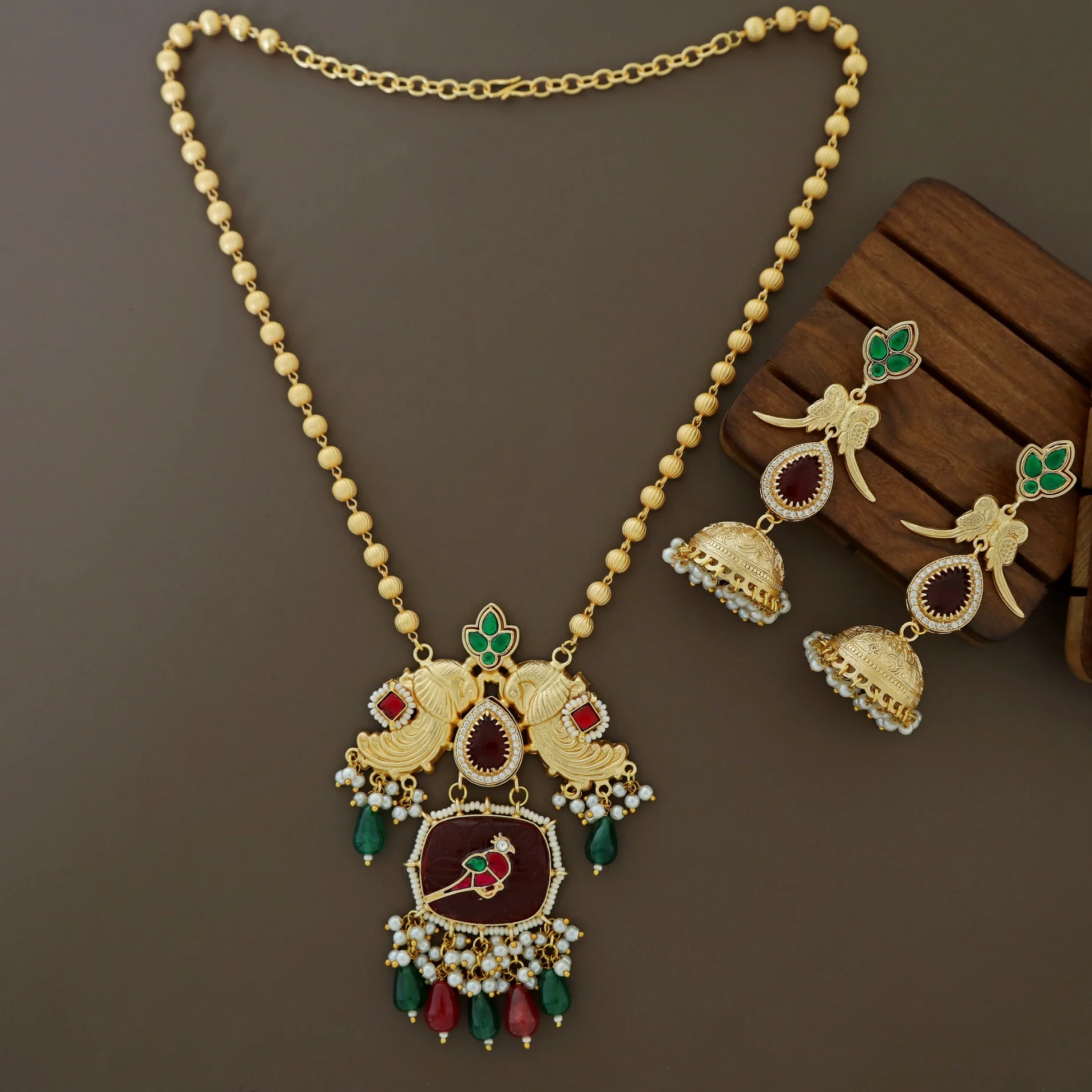 Pranali Gold Ball Dual Mayura Jadau Kundan Long Neckpiece With Earring - Image 4
