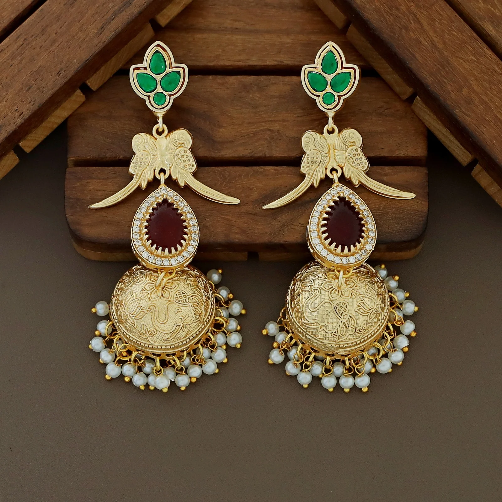 Pranali Gold Ball Dual Mayura Jadau Kundan Long Neckpiece With Earring - Image 5