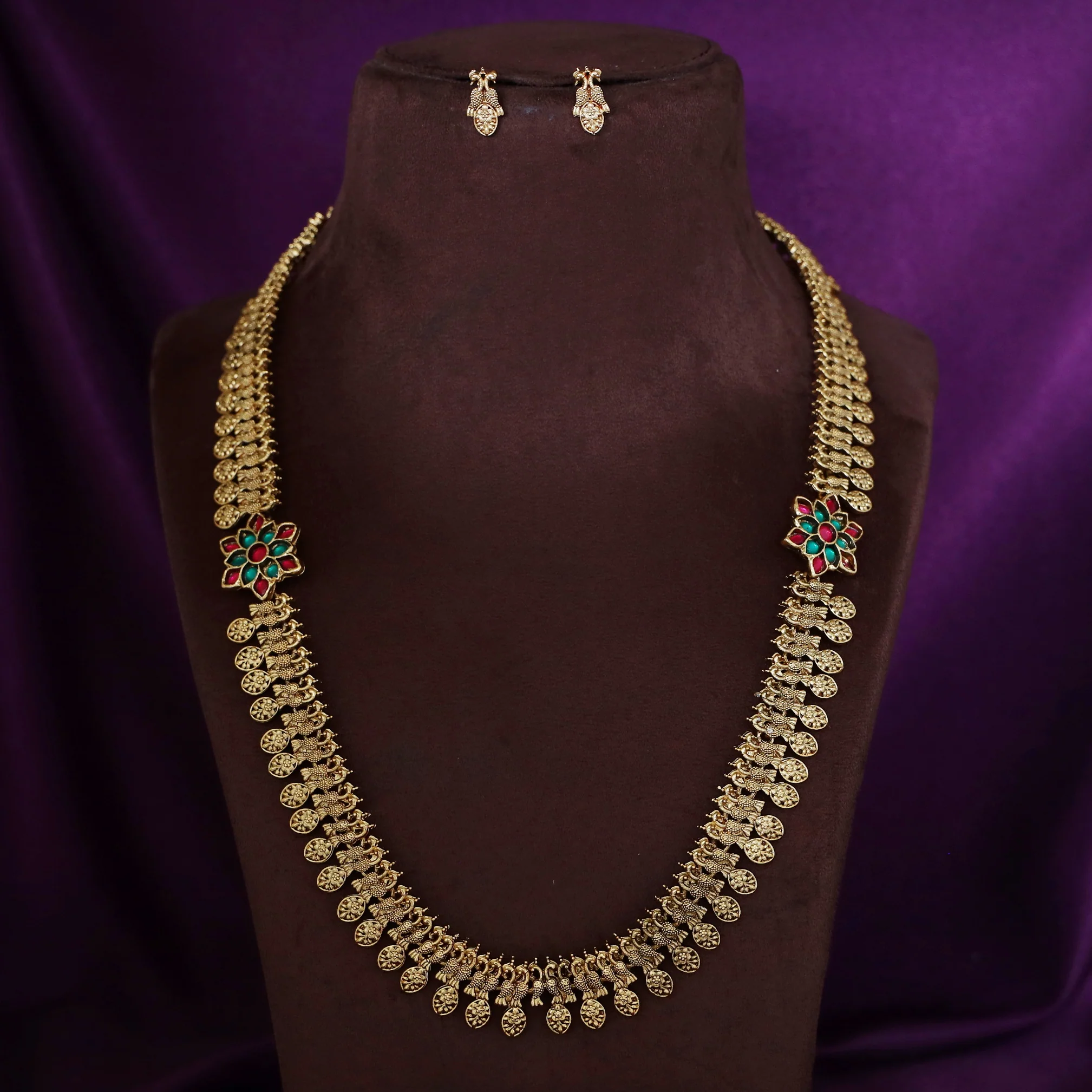 Pranava Dual Flower Mayura Long Haram With Stud - Image 2
