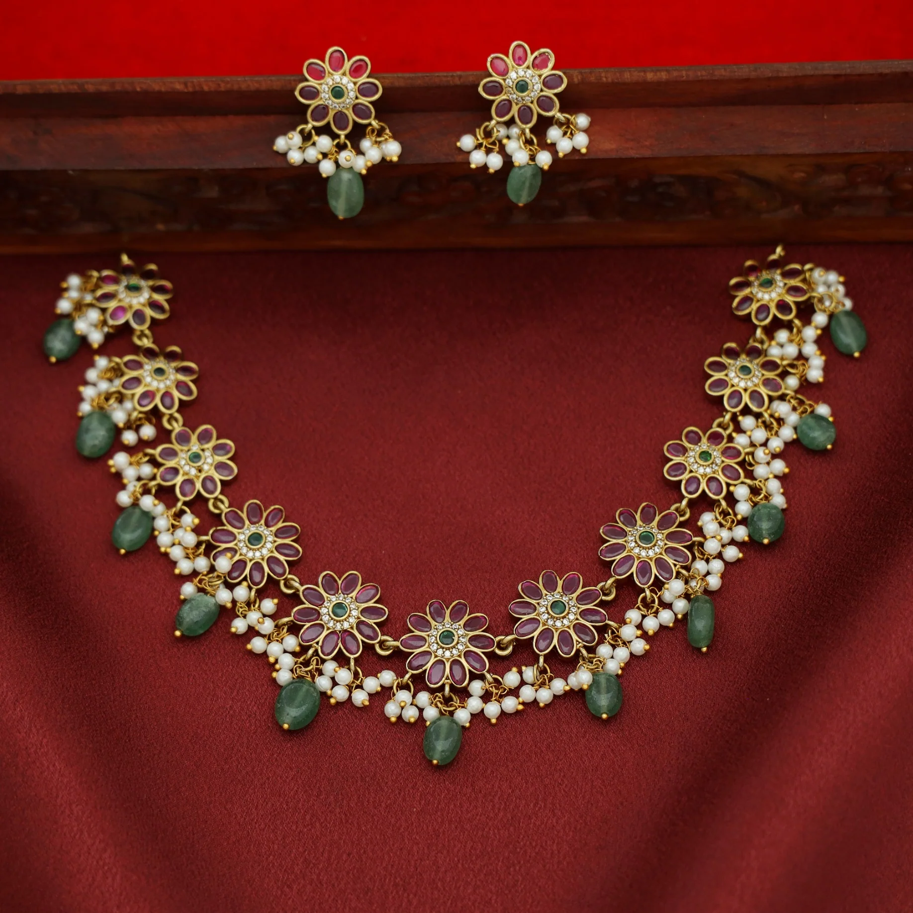 Prarthana Floral Pearl Beaded Short Neckpiece With Earring - Image 2