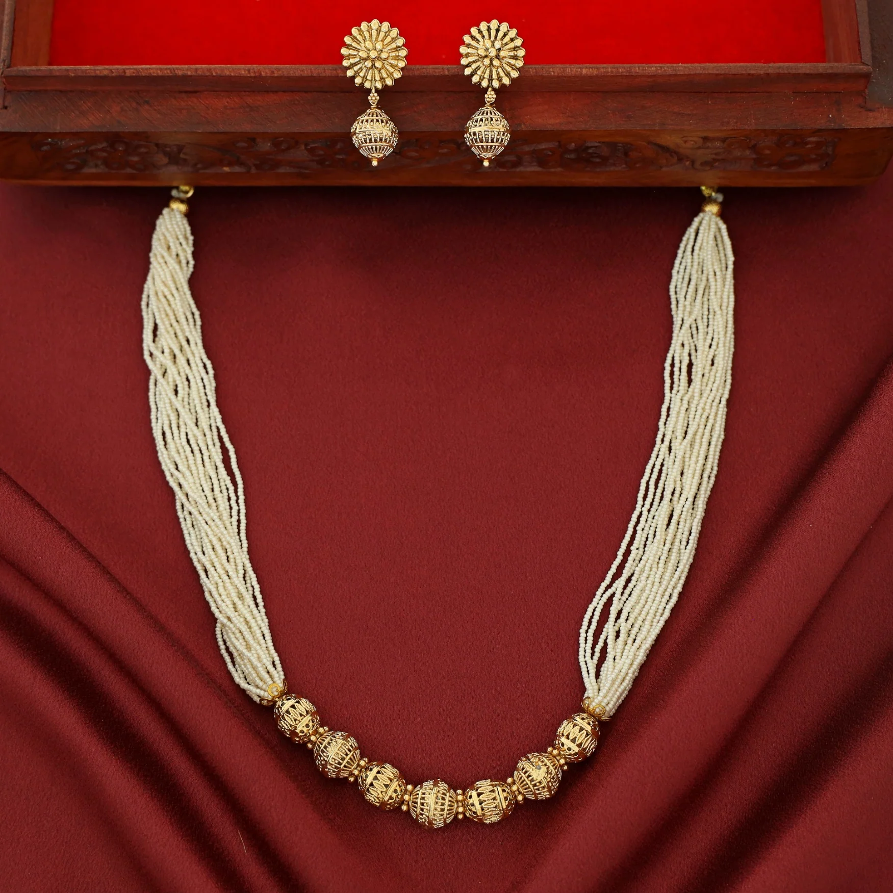 Pravika Layered Pearl Beaded Gold Ball Neckpiece With Earring - Image 2