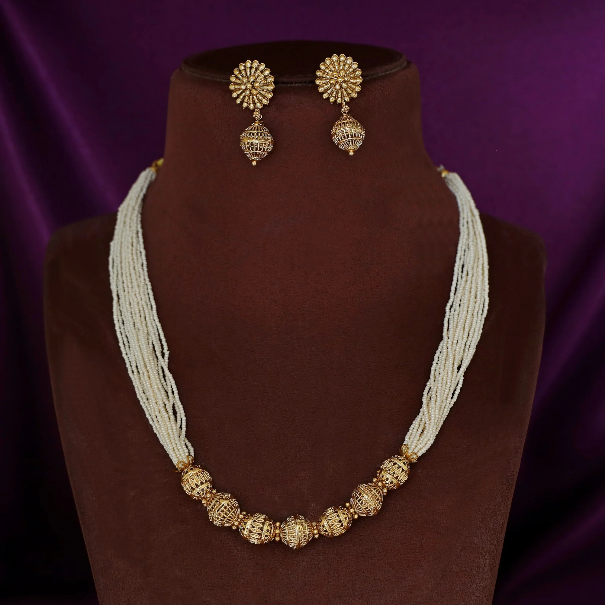 Pravika Layered Pearl Beaded Gold Ball Neckpiece With Earring - Image 3