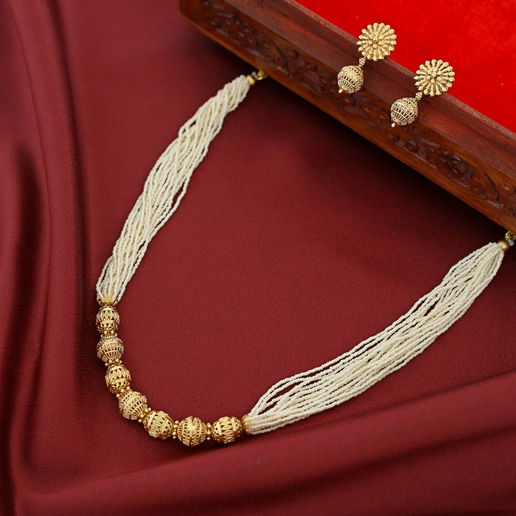 Pravika Layered Pearl Beaded Gold Ball Neckpiece With Earring - Image 4