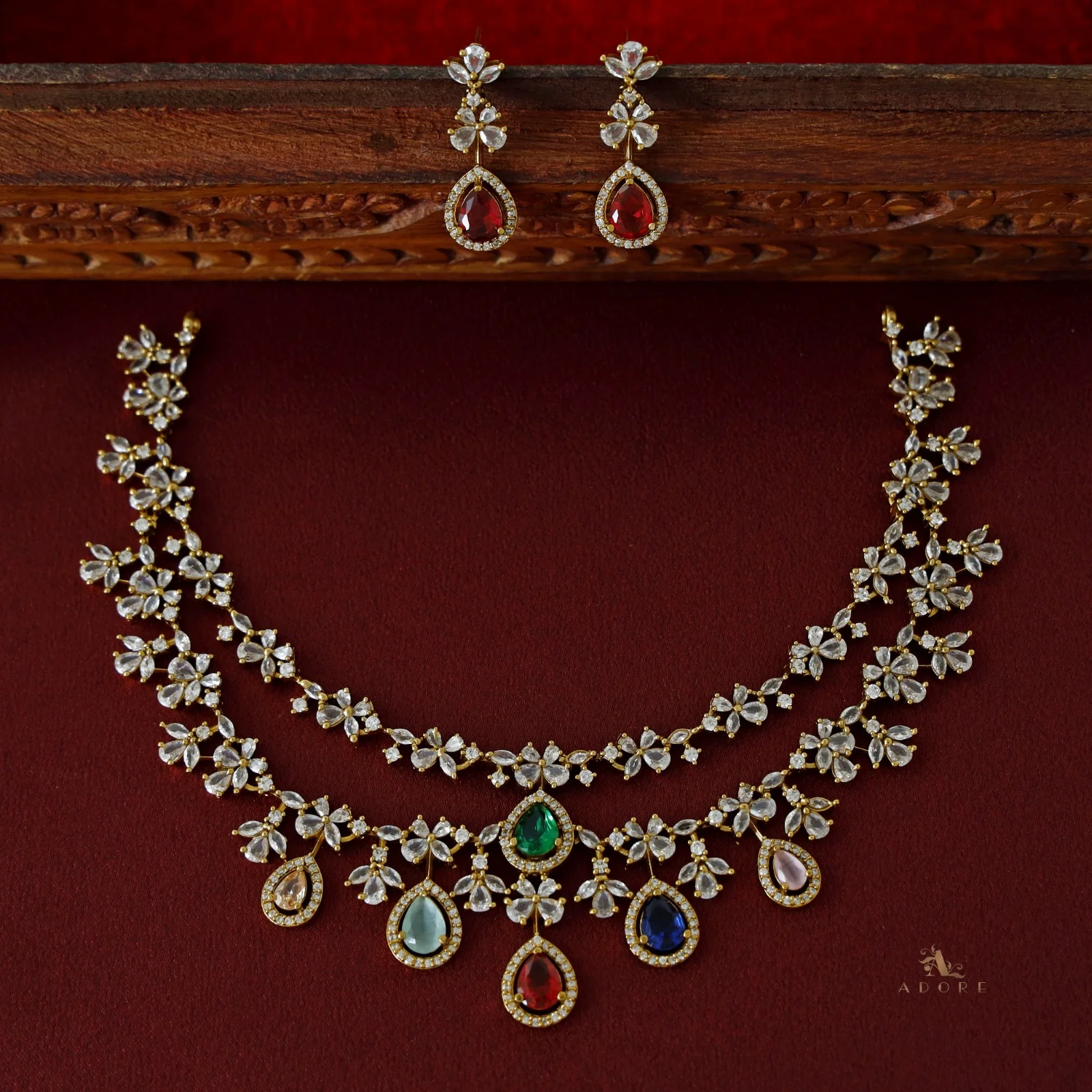 Premium 2 Layer Dew Drops AD Short Neckpiece with Earring - Image 10